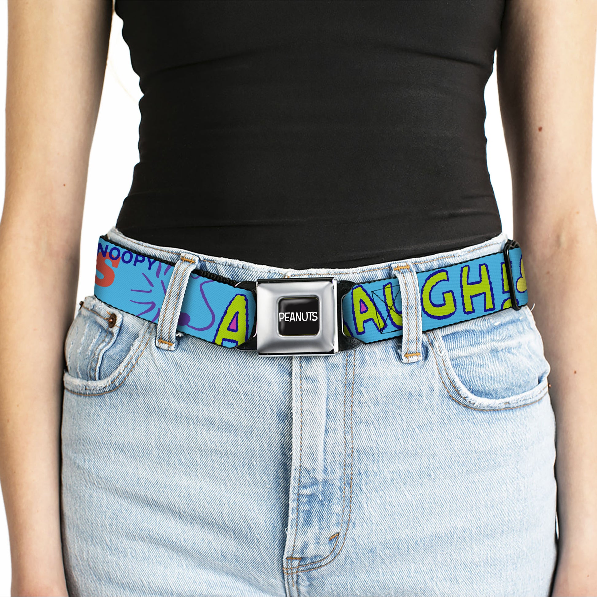 PEANUTS Title Logo Full Color Black/White Seatbelt Belt - PEANUTS Charlie Brown Snoopy and Woodstock Typography Collage Blue/Multi Color Webbing Seatbelt Belts Peanuts