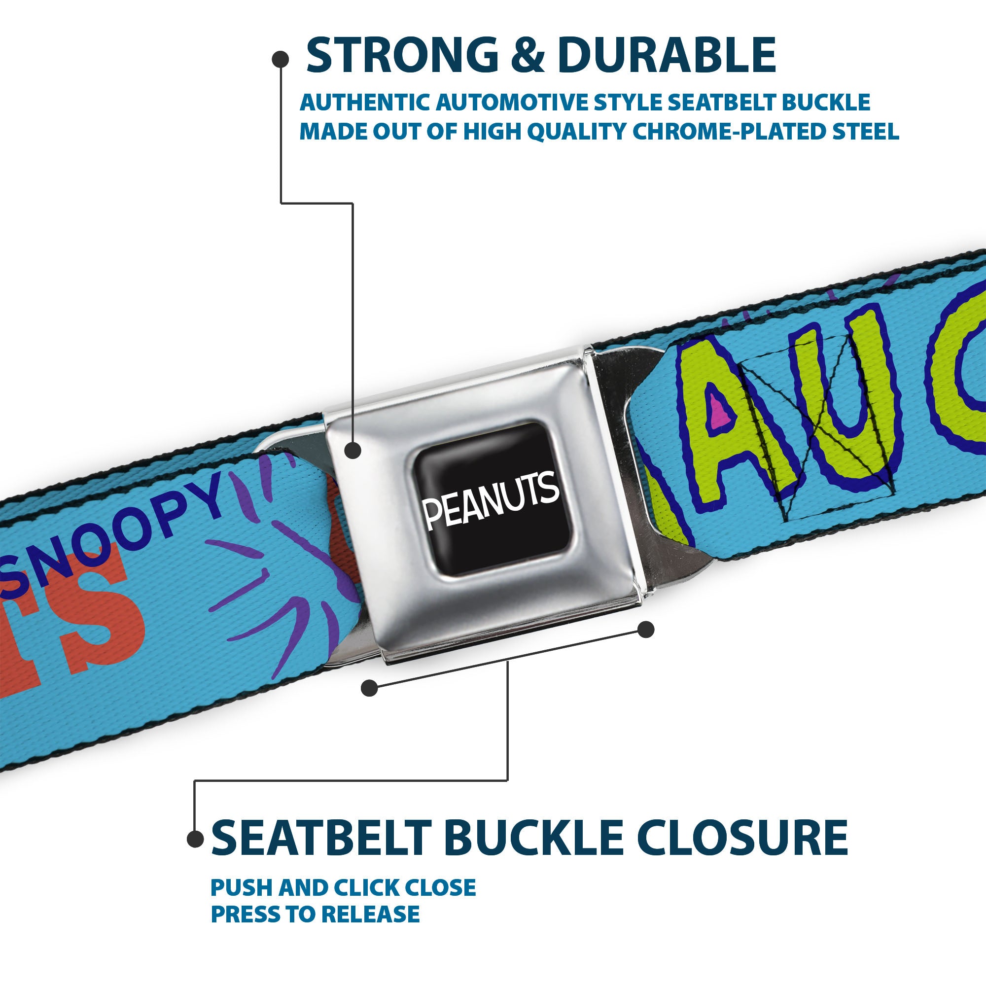 PEANUTS Title Logo Full Color Black/White Seatbelt Belt - PEANUTS Charlie Brown Snoopy and Woodstock Typography Collage Blue/Multi Color Webbing Seatbelt Belts Peanuts