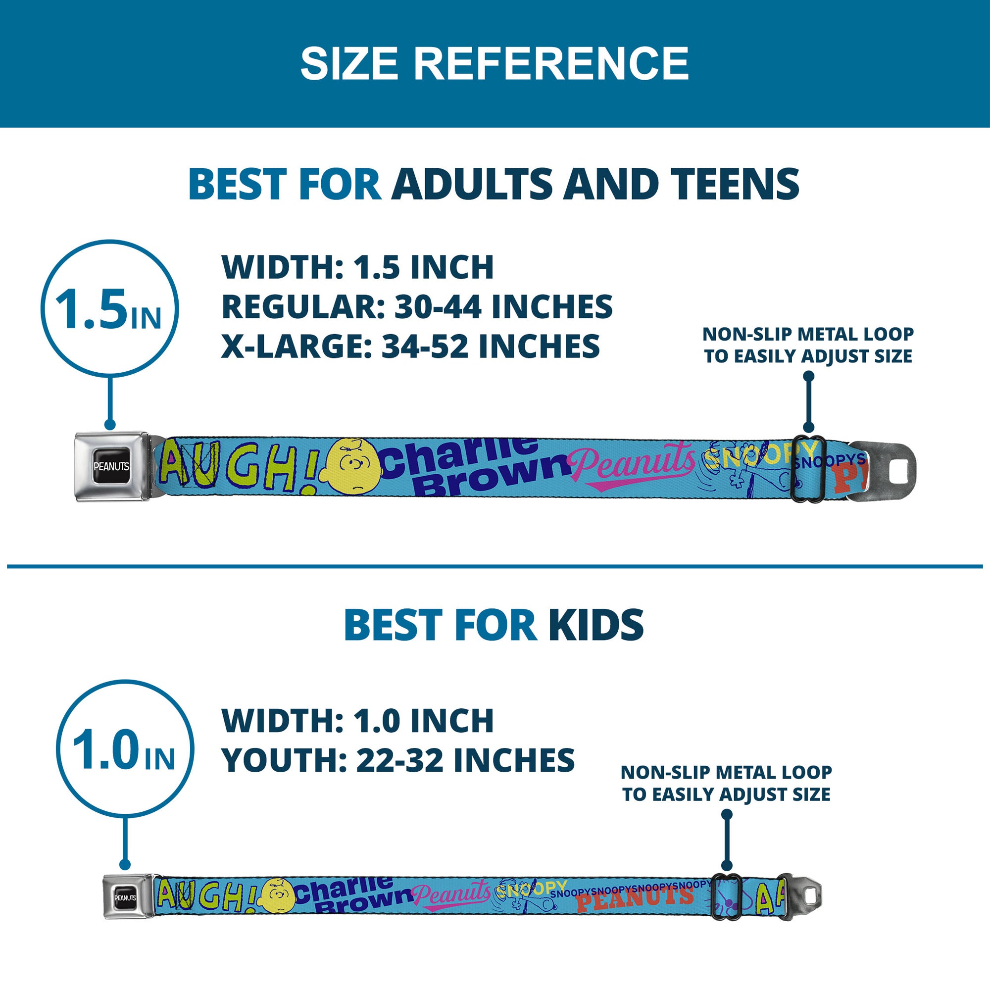 PEANUTS Title Logo Full Color Black/White Seatbelt Belt - PEANUTS Charlie Brown Snoopy and Woodstock Typography Collage Blue/Multi Color Webbing Seatbelt Belts Peanuts