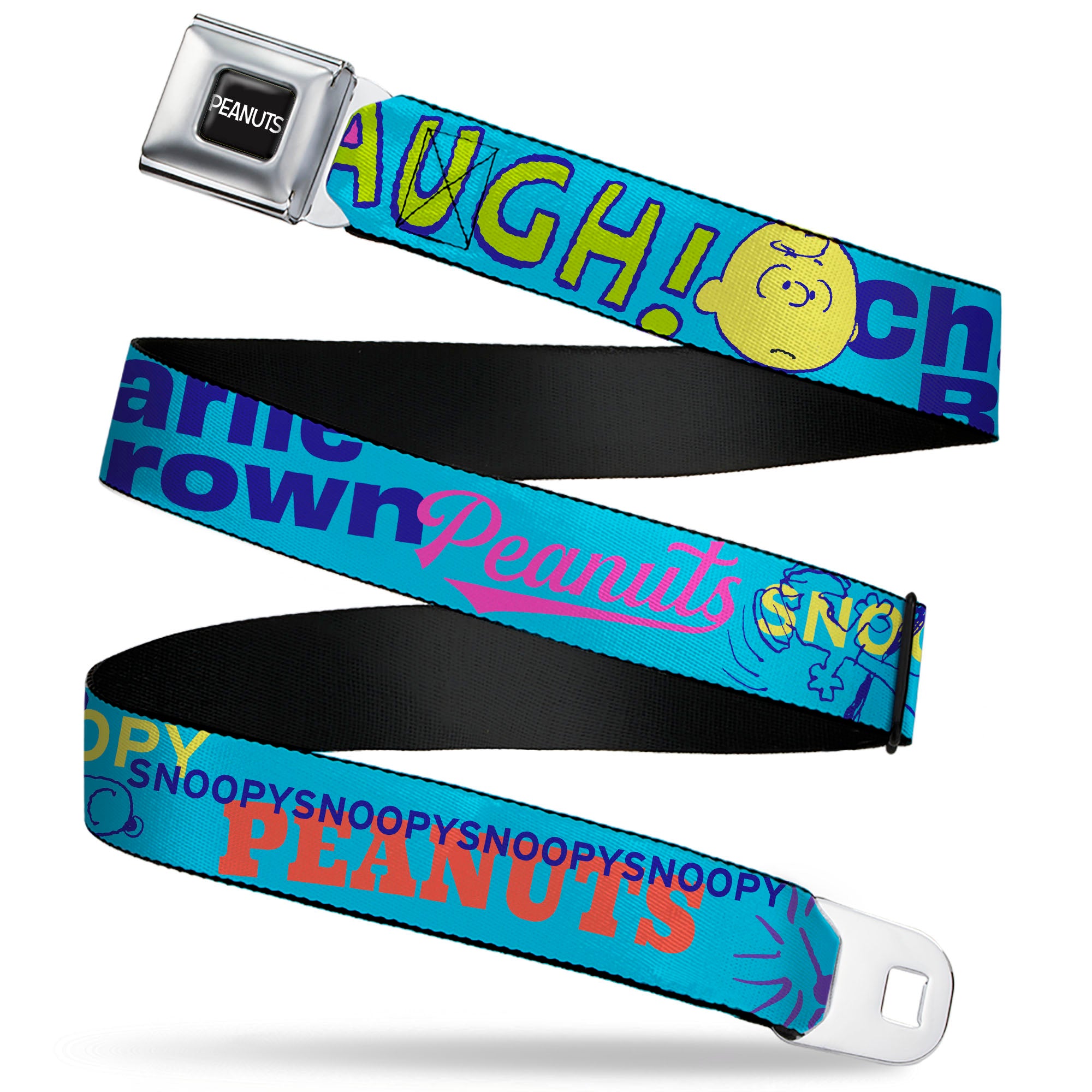 PEANUTS Title Logo Full Color Black/White Seatbelt Belt - PEANUTS Charlie Brown Snoopy and Woodstock Typography Collage Blue/Multi Color Webbing Seatbelt Belts Peanuts