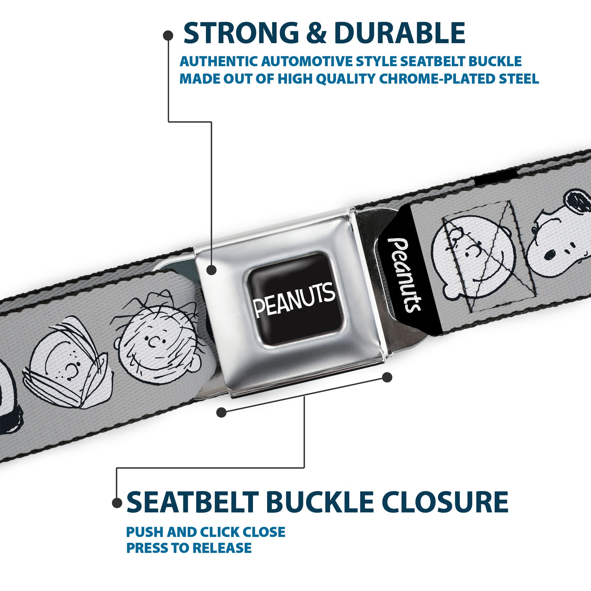 PEANUTS Title Logo Full Color Black/White Seatbelt Belt - Peanuts Gang Expressions Gray/Black/White Webbing Seatbelt Belts Peanuts