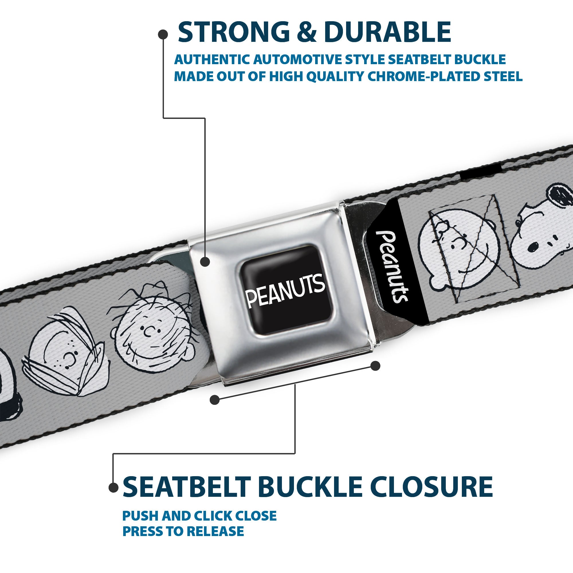 PEANUTS Title Logo Full Color Black/White Seatbelt Belt - Peanuts Gang Expressions Gray/Black/White Webbing Seatbelt Belts Peanuts