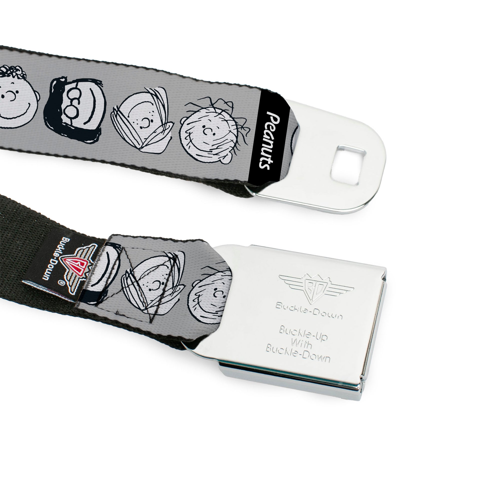 PEANUTS Title Logo Full Color Black/White Seatbelt Belt - Peanuts Gang Expressions Gray/Black/White Webbing Seatbelt Belts Peanuts
