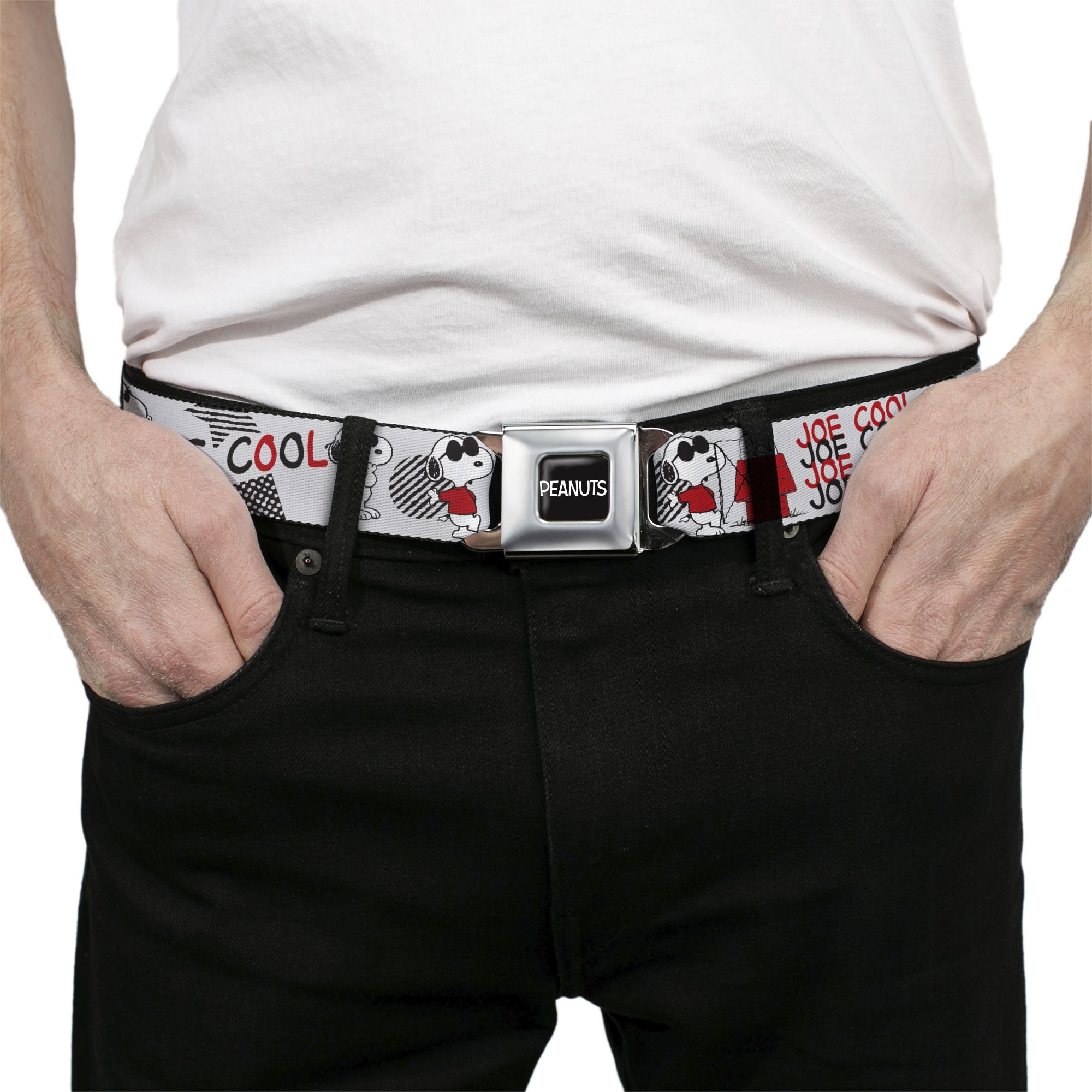 PEANUTS Title Logo Full Color Black/White Seatbelt Belt - Peanuts JOE COOL Snoopy Poses and Text Gray/Black/Red/White Webbing Seatbelt Belts Peanuts
