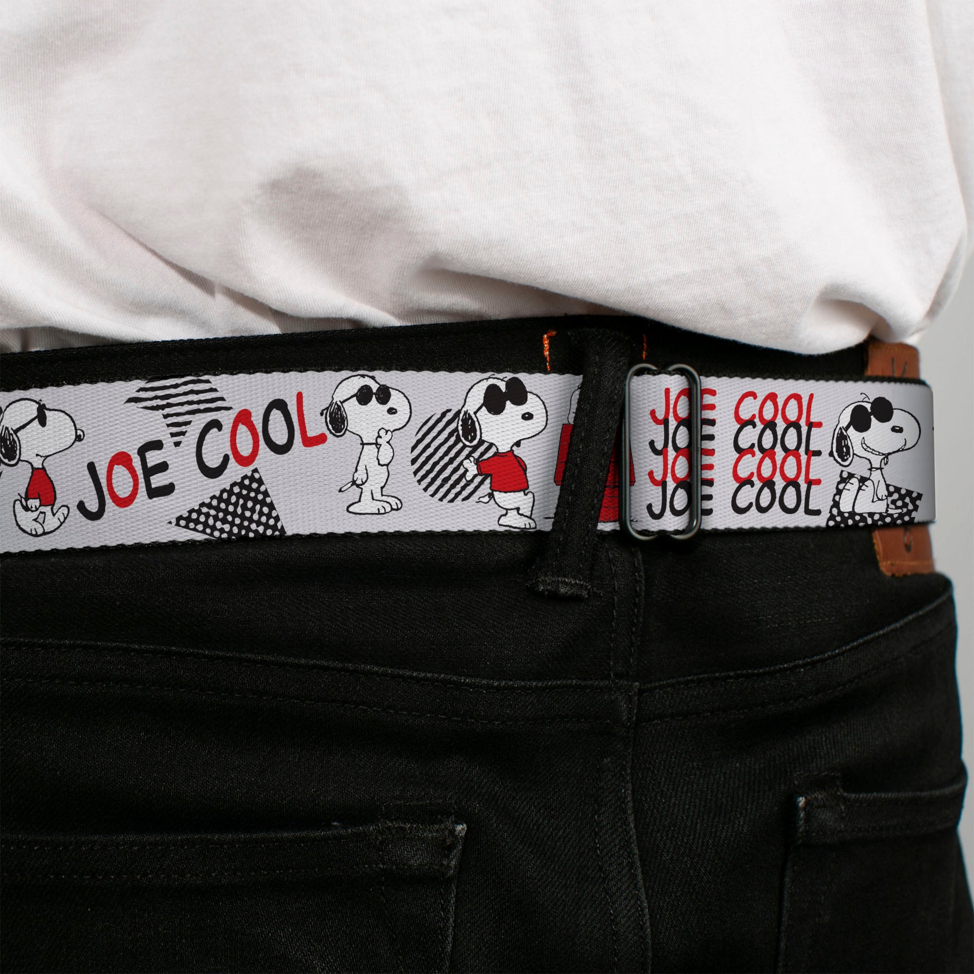 PEANUTS Title Logo Full Color Black/White Seatbelt Belt - Peanuts JOE COOL Snoopy Poses and Text Gray/Black/Red/White Webbing Seatbelt Belts Peanuts