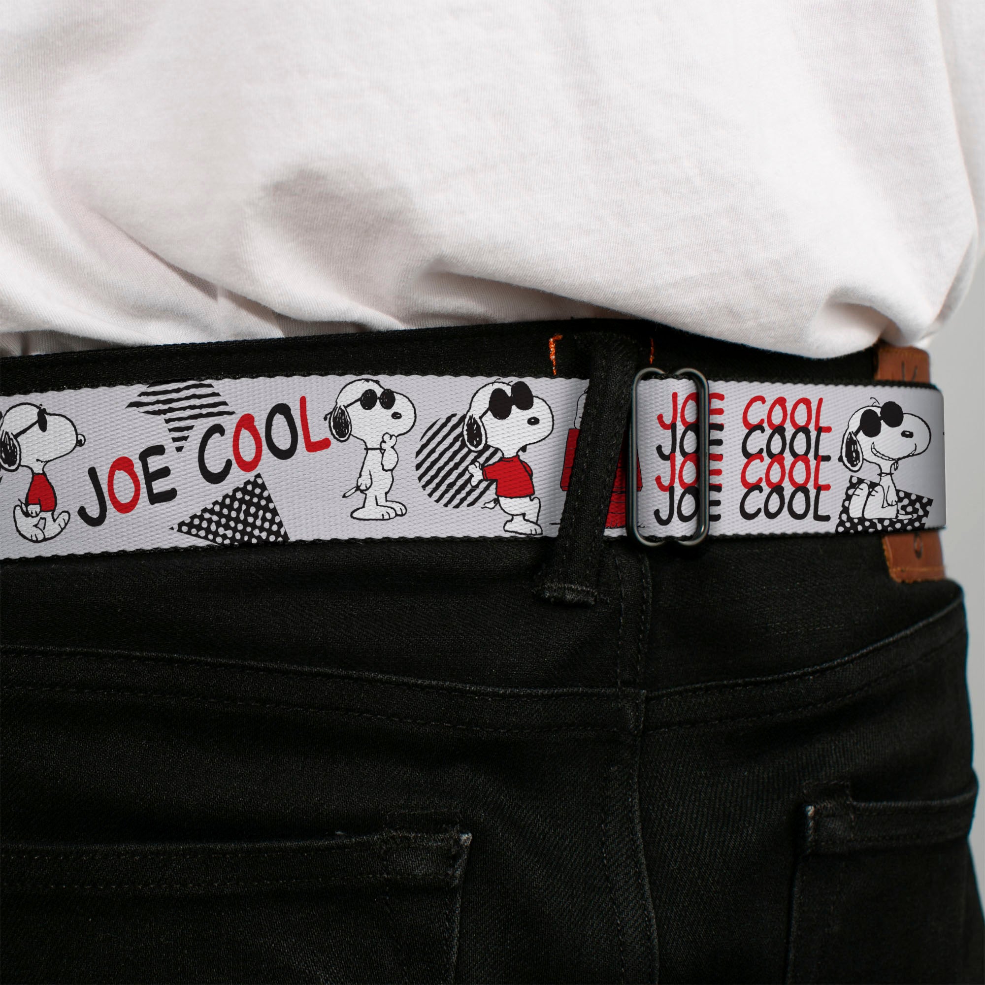 PEANUTS Title Logo Full Color Black/White Seatbelt Belt - Peanuts JOE COOL Snoopy Poses and Text Gray/Black/Red/White Webbing Seatbelt Belts Peanuts