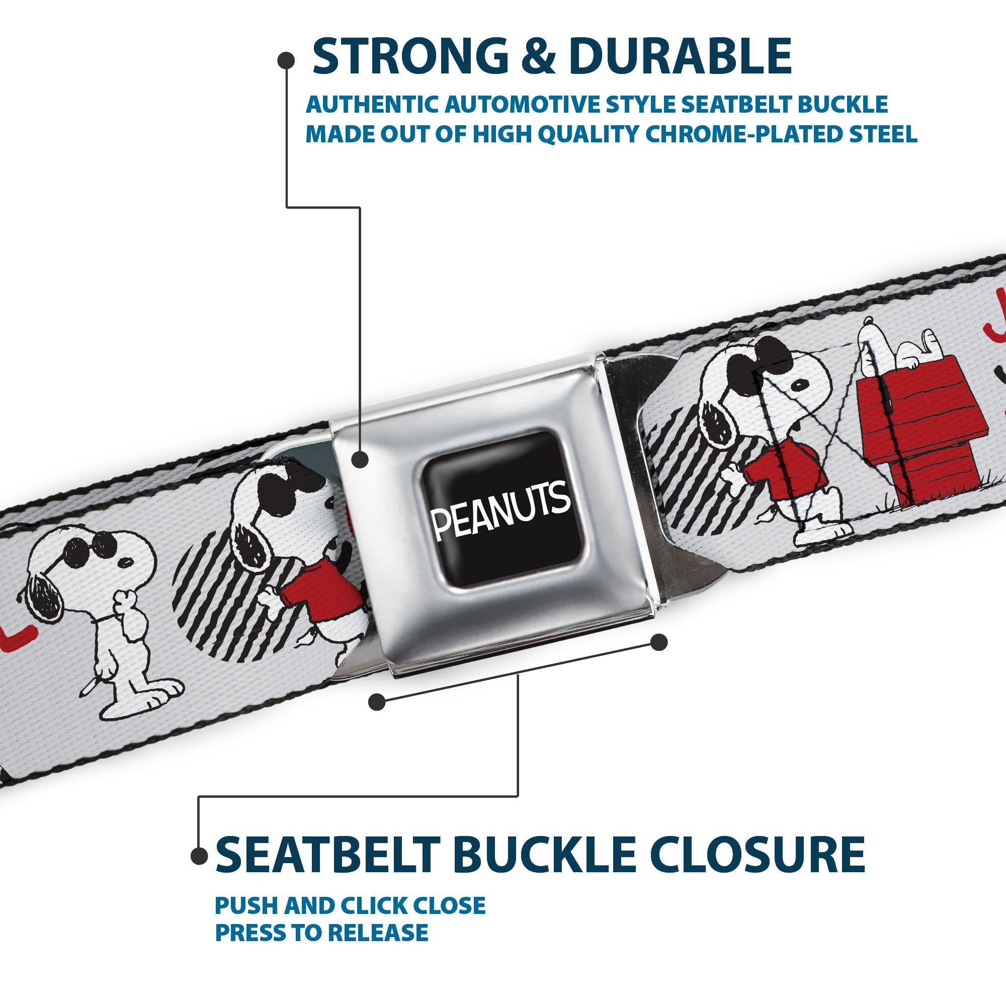 PEANUTS Title Logo Full Color Black/White Seatbelt Belt - Peanuts JOE COOL Snoopy Poses and Text Gray/Black/Red/White Webbing Seatbelt Belts Peanuts