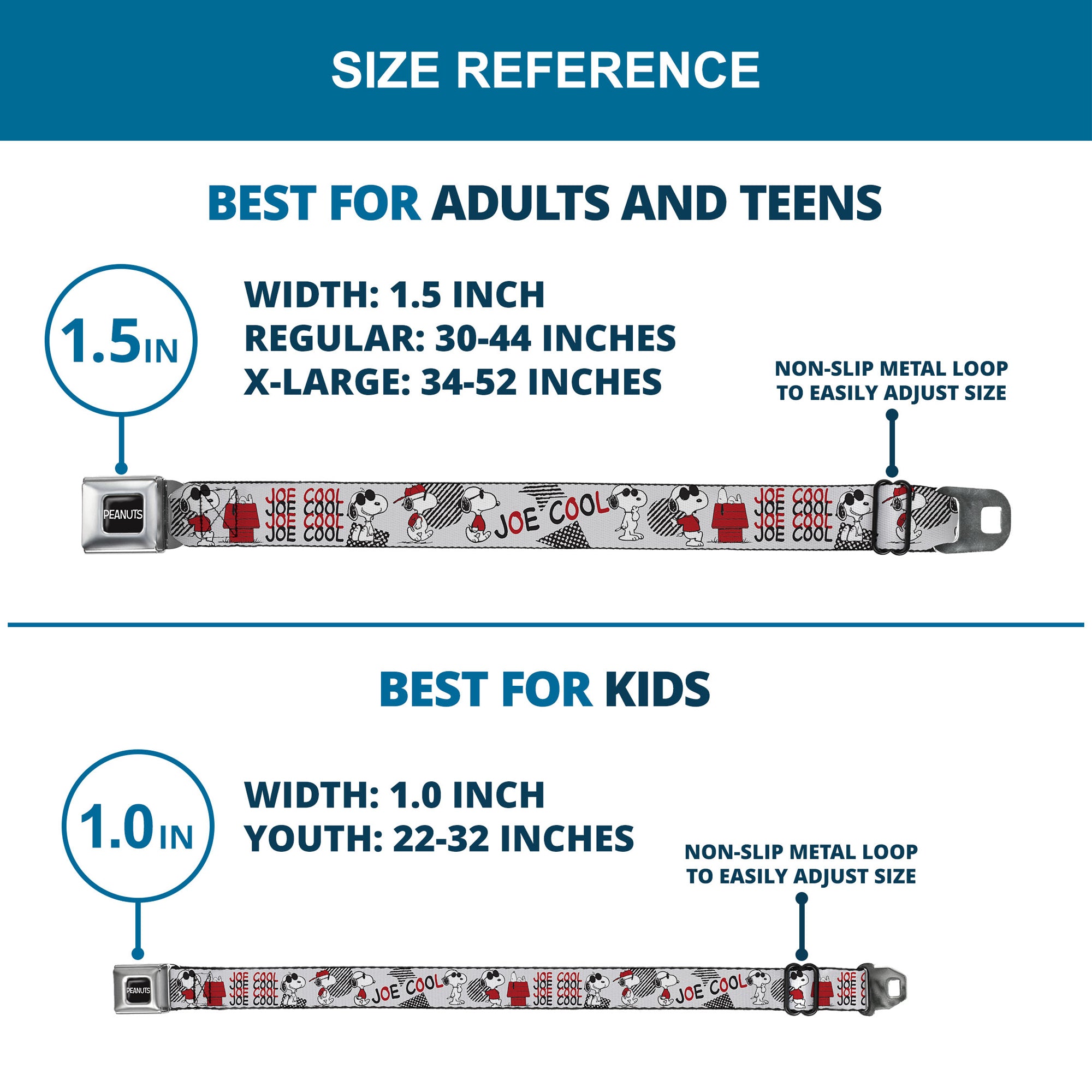 PEANUTS Title Logo Full Color Black/White Seatbelt Belt - Peanuts JOE COOL Snoopy Poses and Text Gray/Black/Red/White Webbing Seatbelt Belts Peanuts