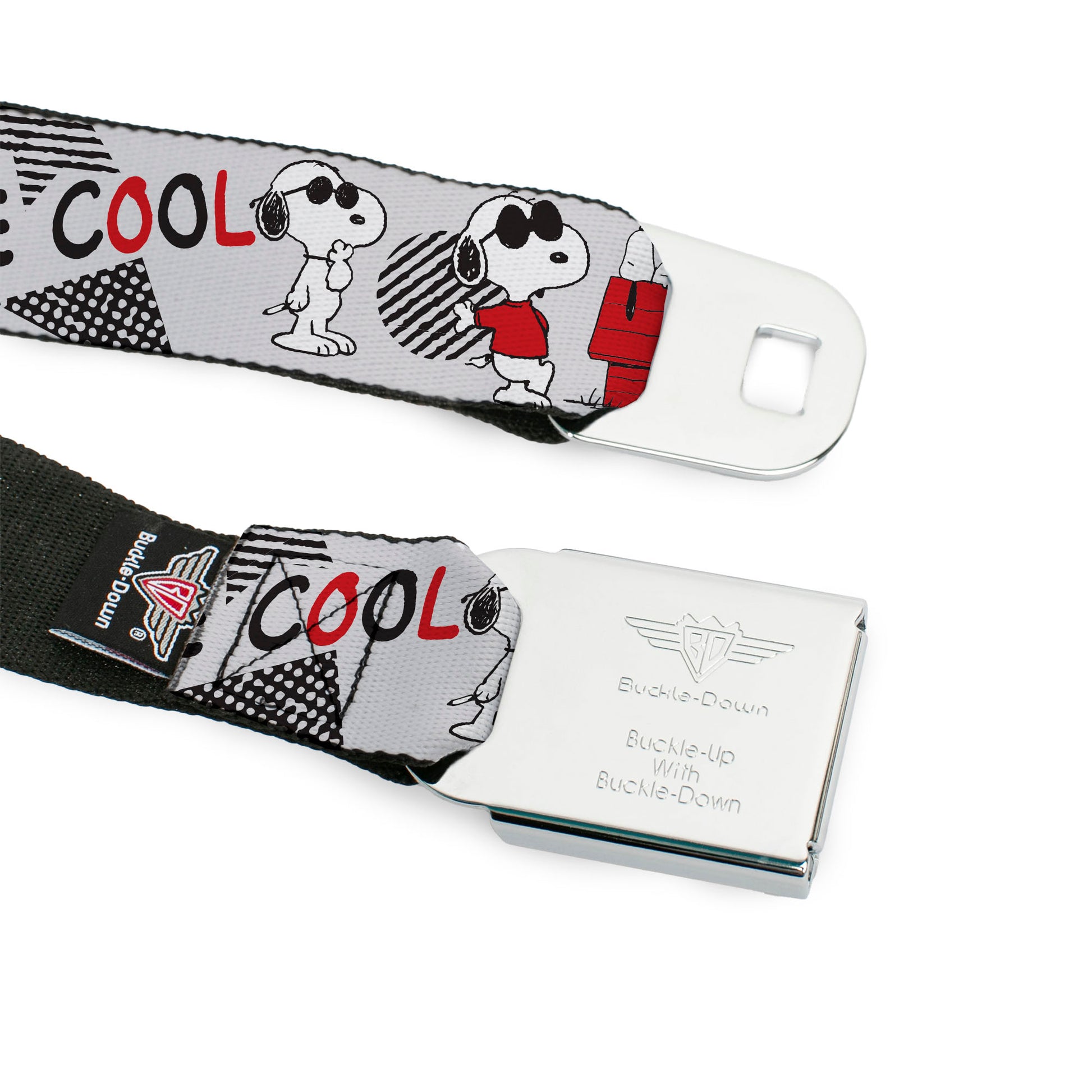 PEANUTS Title Logo Full Color Black/White Seatbelt Belt - Peanuts JOE COOL Snoopy Poses and Text Gray/Black/Red/White Webbing Seatbelt Belts Peanuts