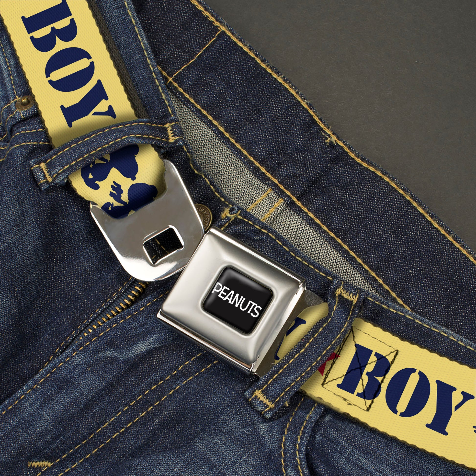 PEANUTS Title Logo Full Color Black/White Seatbelt Belt - Peanuts Snoopy FLY BOY TOP DOG Flying Ace Yellow/Blue/Red Webbing Seatbelt Belts Peanuts