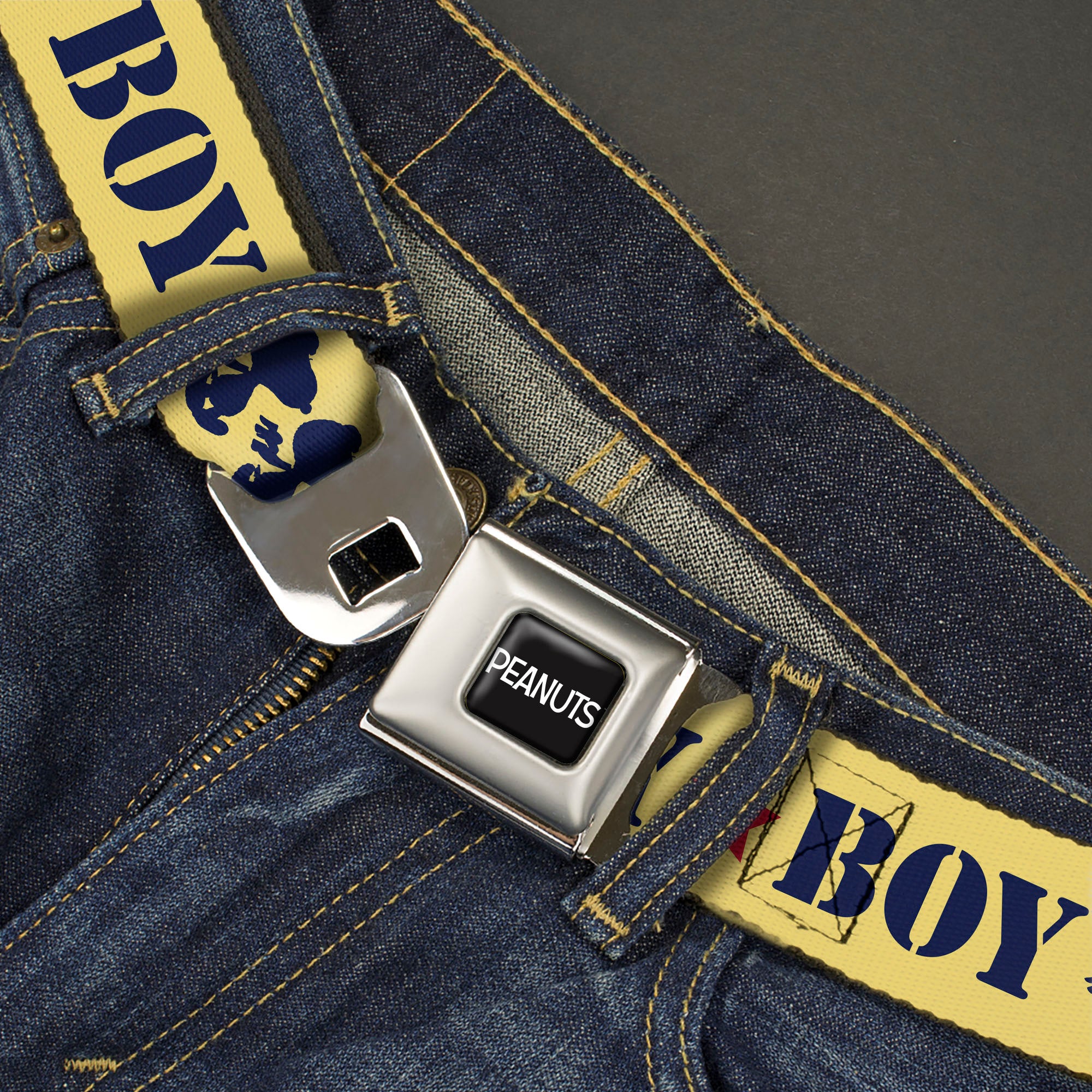 PEANUTS Title Logo Full Color Black/White Seatbelt Belt - Peanuts Snoopy FLY BOY TOP DOG Flying Ace Yellow/Blue/Red Webbing Seatbelt Belts Peanuts