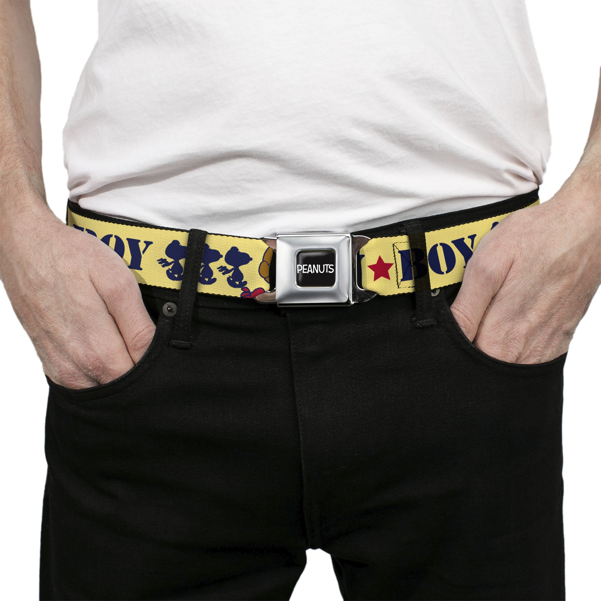 PEANUTS Title Logo Full Color Black/White Seatbelt Belt - Peanuts Snoopy FLY BOY TOP DOG Flying Ace Yellow/Blue/Red Webbing Seatbelt Belts Peanuts