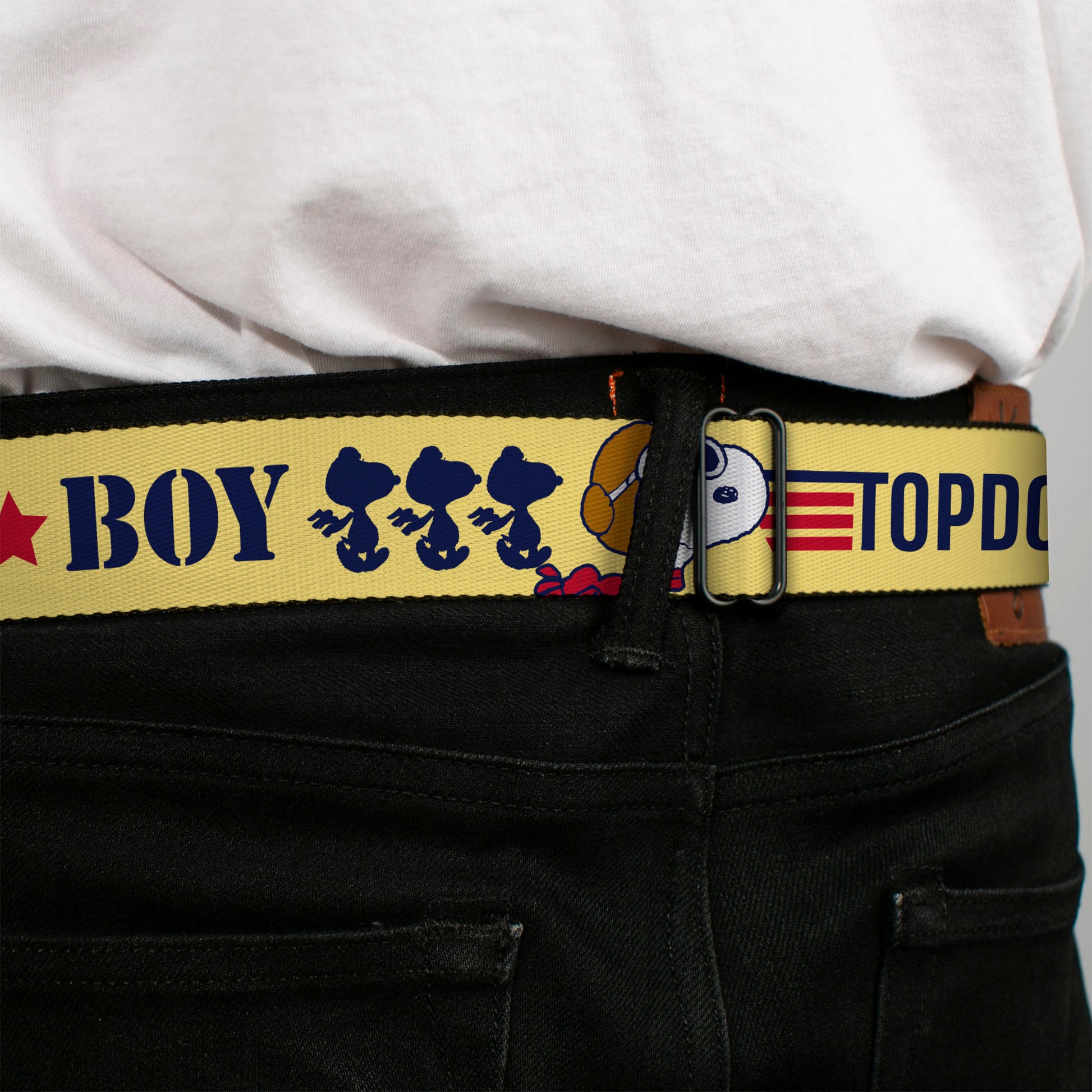 PEANUTS Title Logo Full Color Black/White Seatbelt Belt - Peanuts Snoopy FLY BOY TOP DOG Flying Ace Yellow/Blue/Red Webbing Seatbelt Belts Peanuts