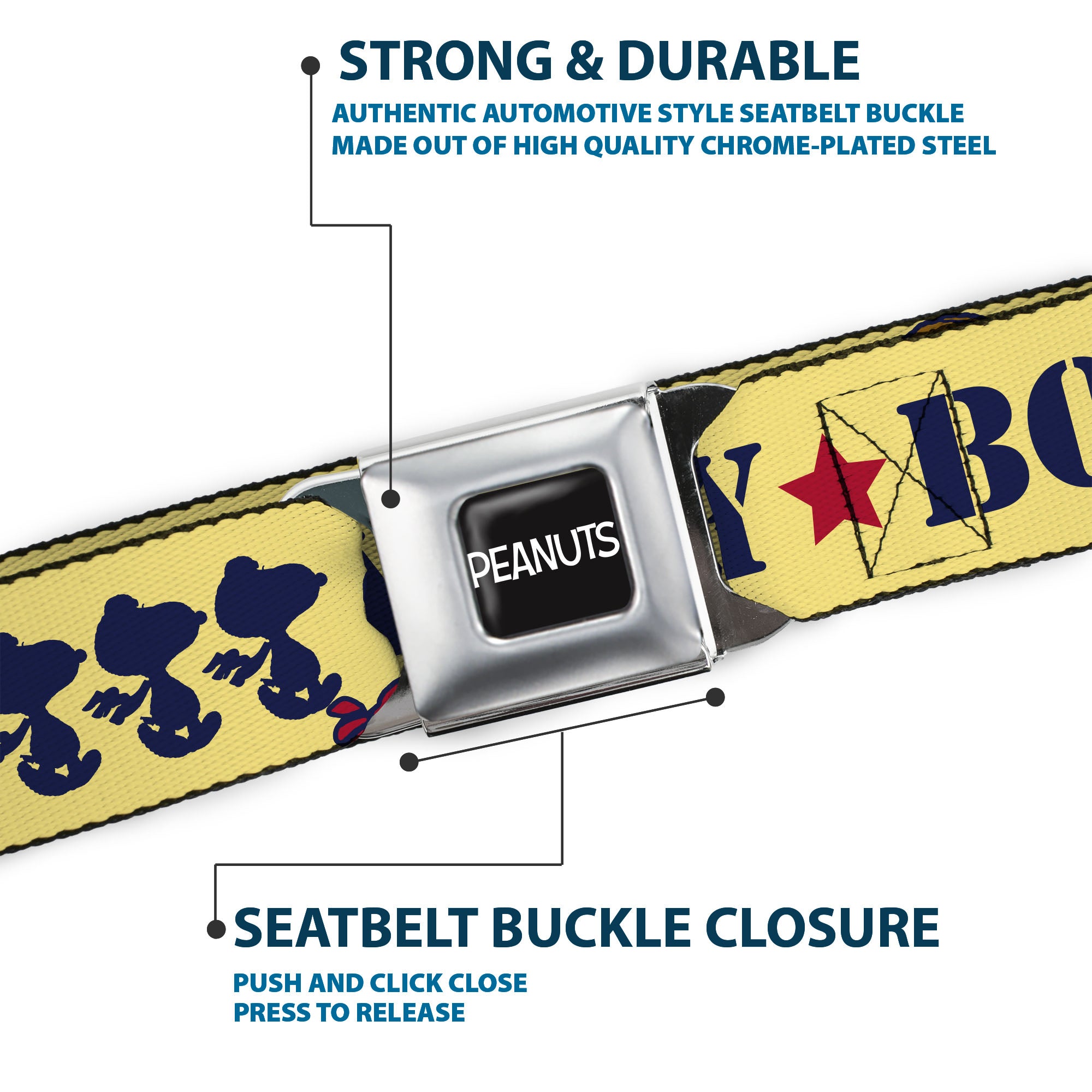 PEANUTS Title Logo Full Color Black/White Seatbelt Belt - Peanuts Snoopy FLY BOY TOP DOG Flying Ace Yellow/Blue/Red Webbing Seatbelt Belts Peanuts