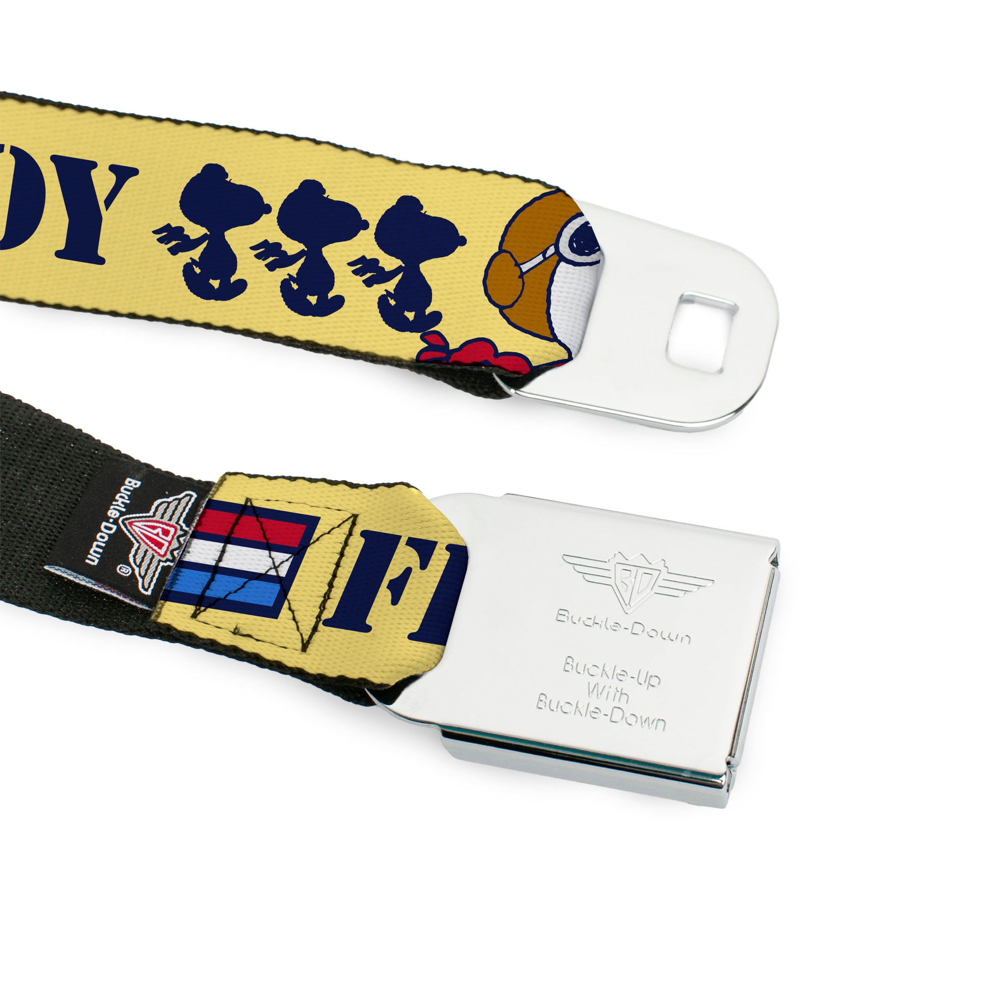 PEANUTS Title Logo Full Color Black/White Seatbelt Belt - Peanuts Snoopy FLY BOY TOP DOG Flying Ace Yellow/Blue/Red Webbing Seatbelt Belts Peanuts