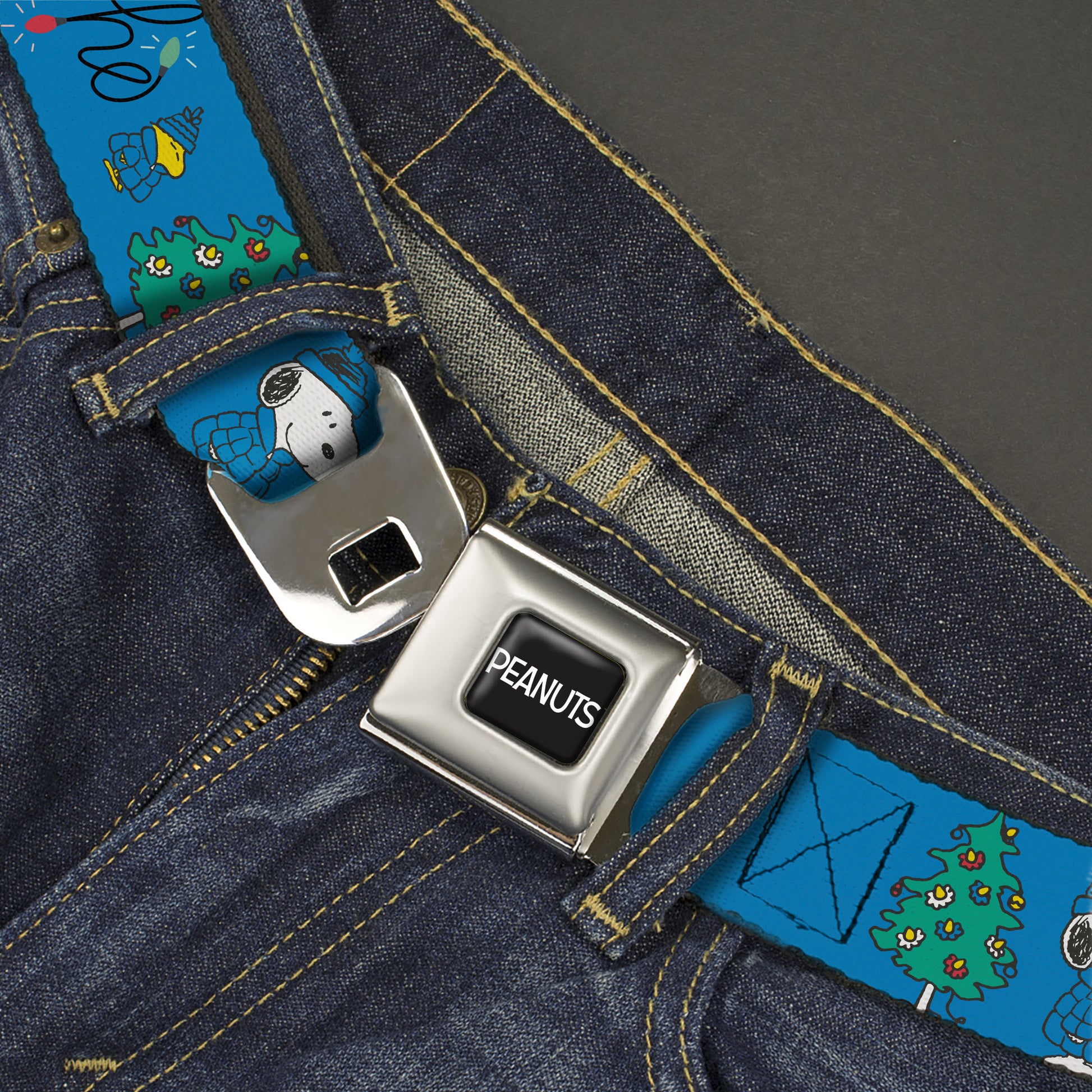 PEANUTS Title Logo Full Color Black/White Seatbelt Belt - Snoopy and Woodstock Holiday Puffer Jacket HO HO HO Script Pose Blue/Black Webbing Seatbelt Belts Peanuts