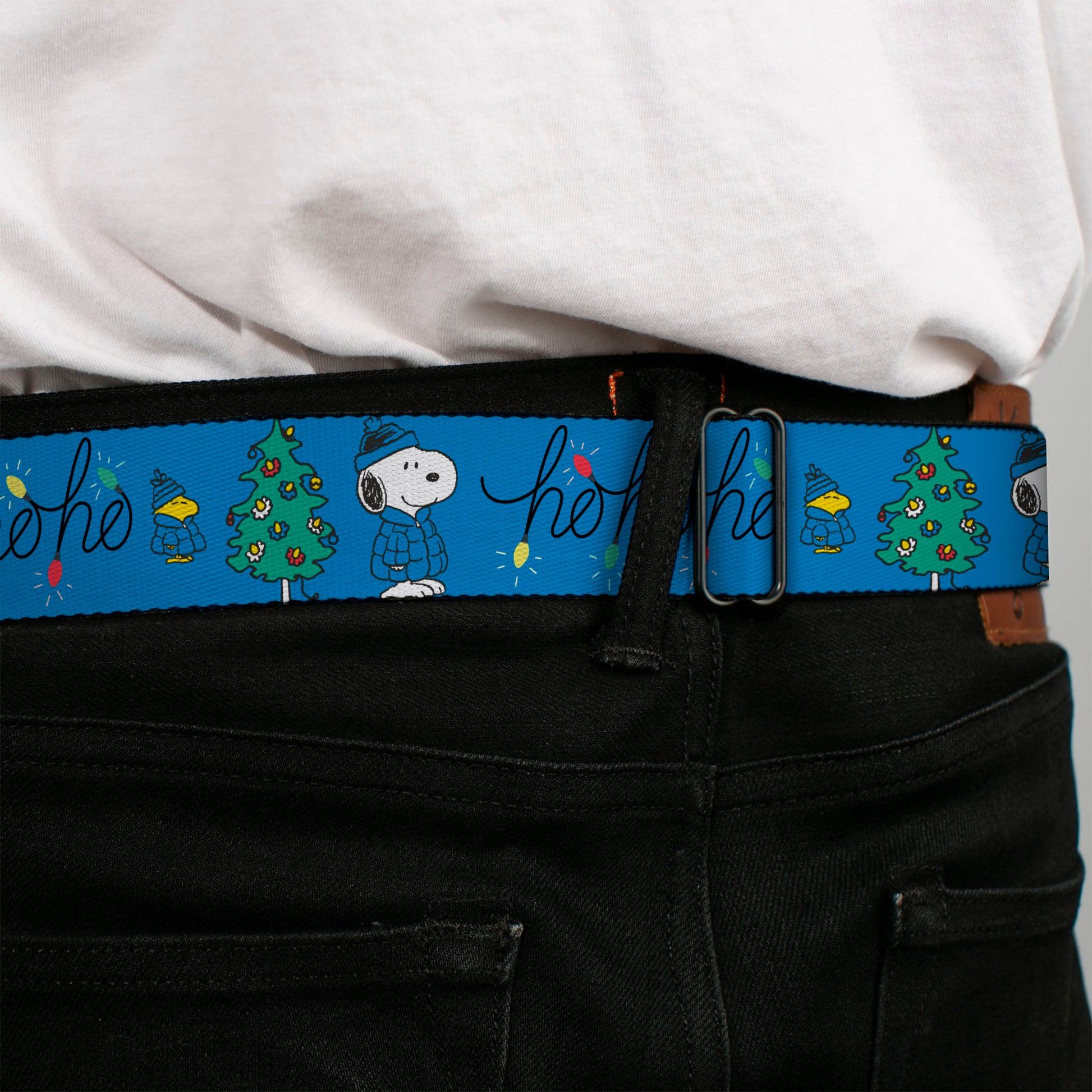 PEANUTS Title Logo Full Color Black/White Seatbelt Belt - Snoopy and Woodstock Holiday Puffer Jacket HO HO HO Script Pose Blue/Black Webbing Seatbelt Belts Peanuts
