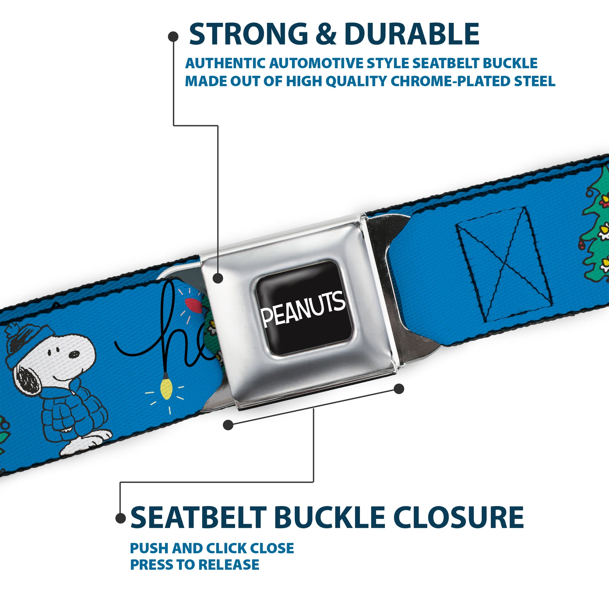 PEANUTS Title Logo Full Color Black/White Seatbelt Belt - Snoopy and Woodstock Holiday Puffer Jacket HO HO HO Script Pose Blue/Black Webbing Seatbelt Belts Peanuts