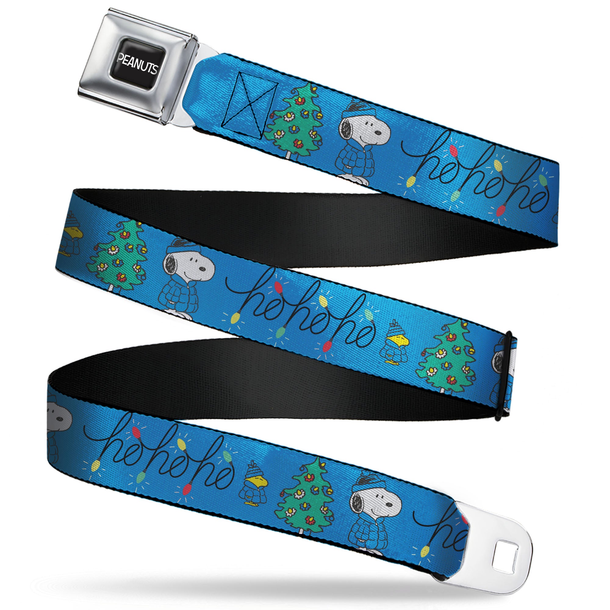 PEANUTS Title Logo Full Color Black/White Seatbelt Belt - Snoopy and Woodstock Holiday Puffer Jacket HO HO HO Script Pose Blue/Black Webbing Seatbelt Belts Peanuts
