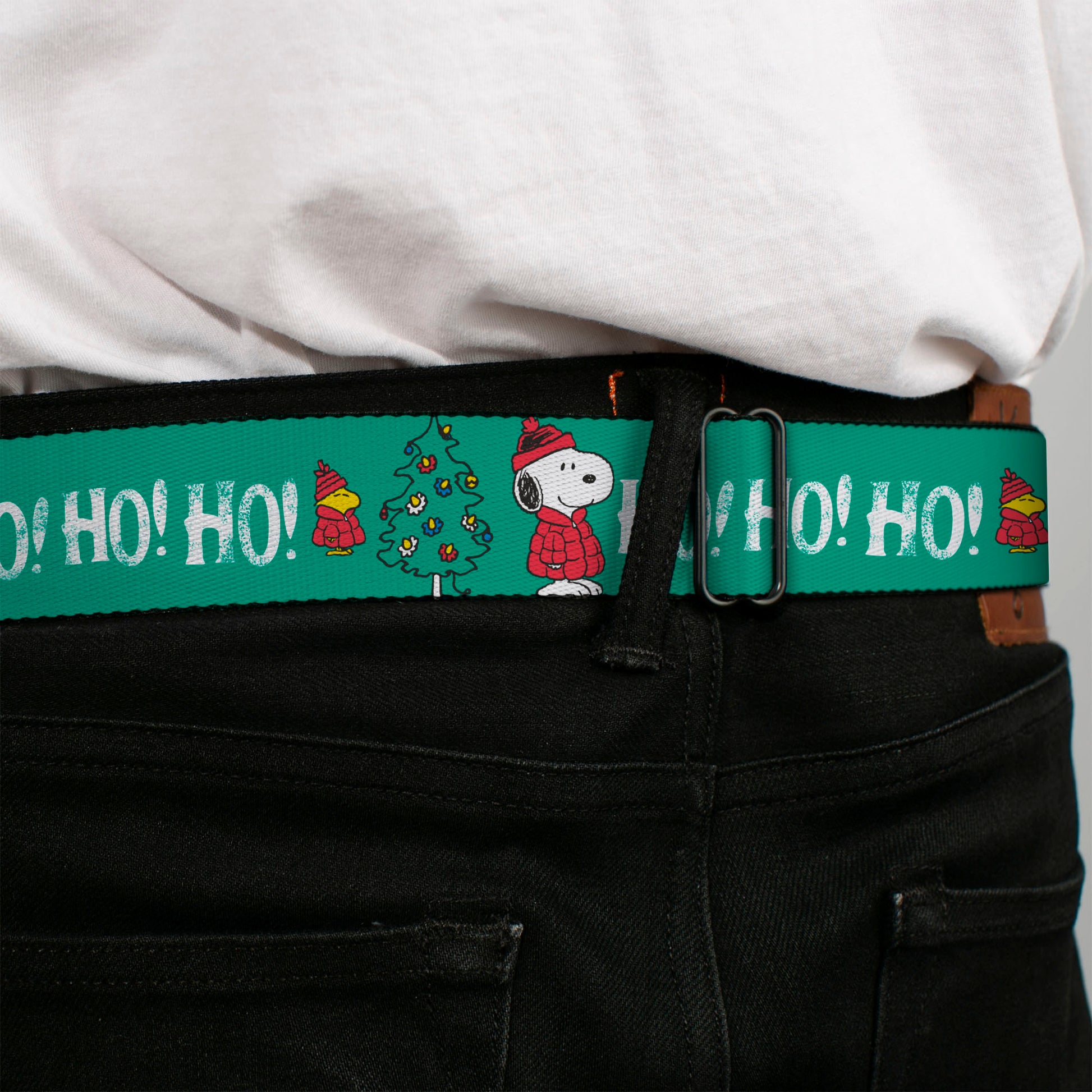 PEANUTS Title Logo Full Color Black/White Seatbelt Belt - Snoopy and Woodstock Holiday Puffer Jacket HO HO HO Pose Green/White Webbing Seatbelt Belts Peanuts
