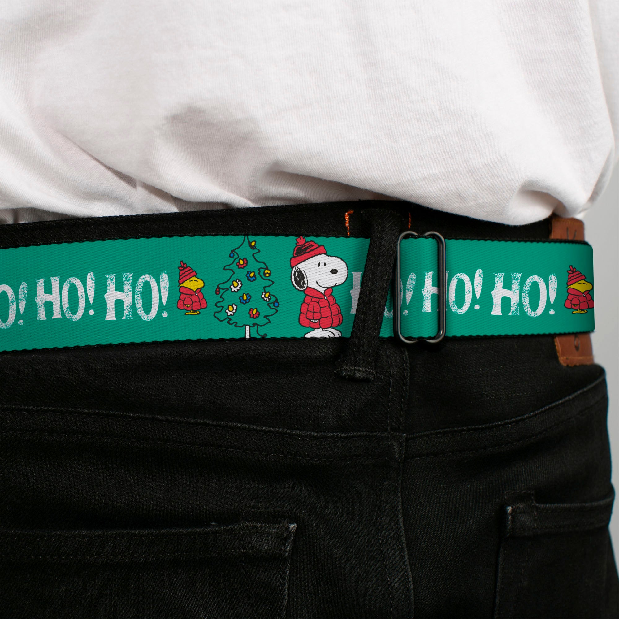 PEANUTS Title Logo Full Color Black/White Seatbelt Belt - Snoopy and Woodstock Holiday Puffer Jacket HO HO HO Pose Green/White Webbing Seatbelt Belts Peanuts
