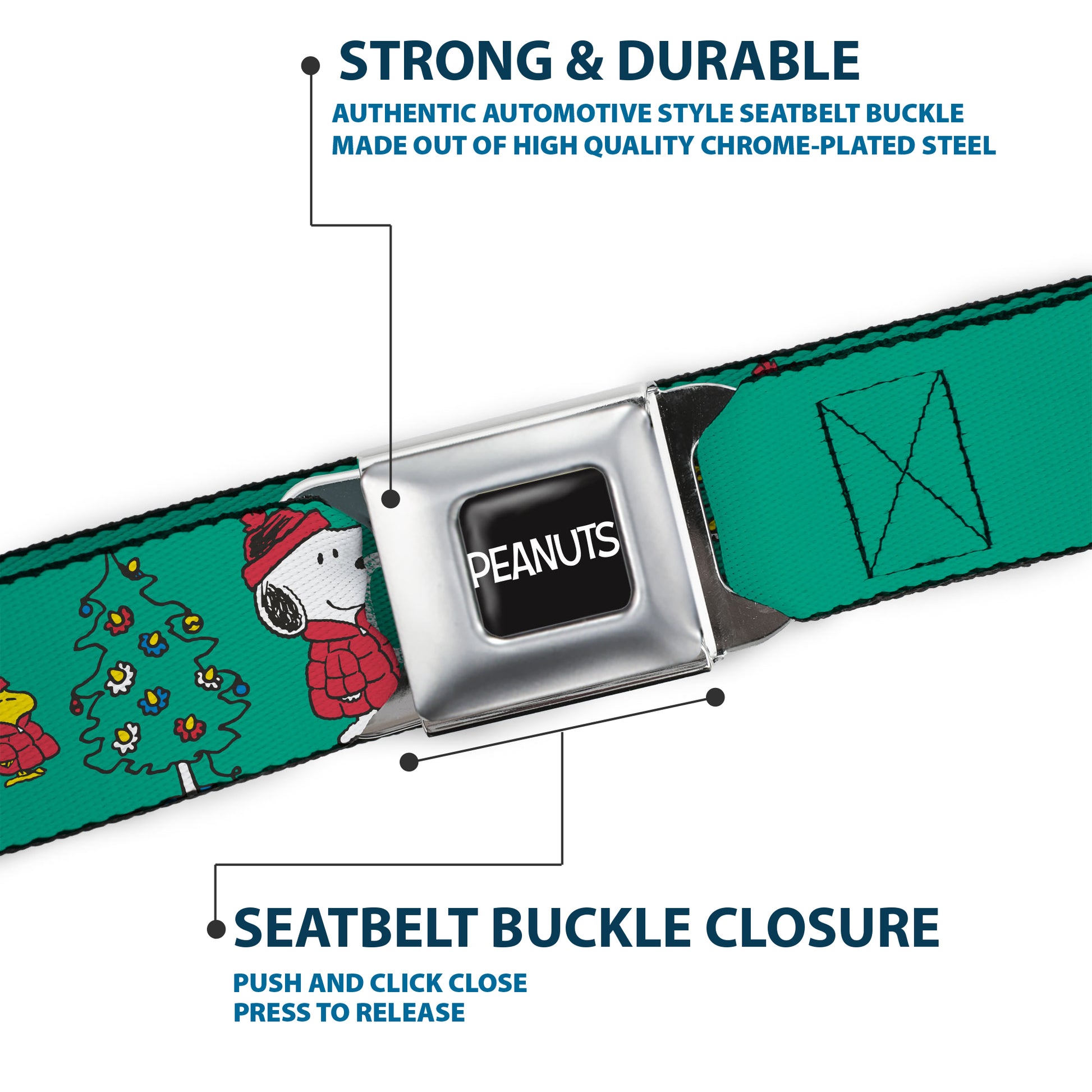 PEANUTS Title Logo Full Color Black/White Seatbelt Belt - Snoopy and Woodstock Holiday Puffer Jacket HO HO HO Pose Green/White Webbing Seatbelt Belts Peanuts