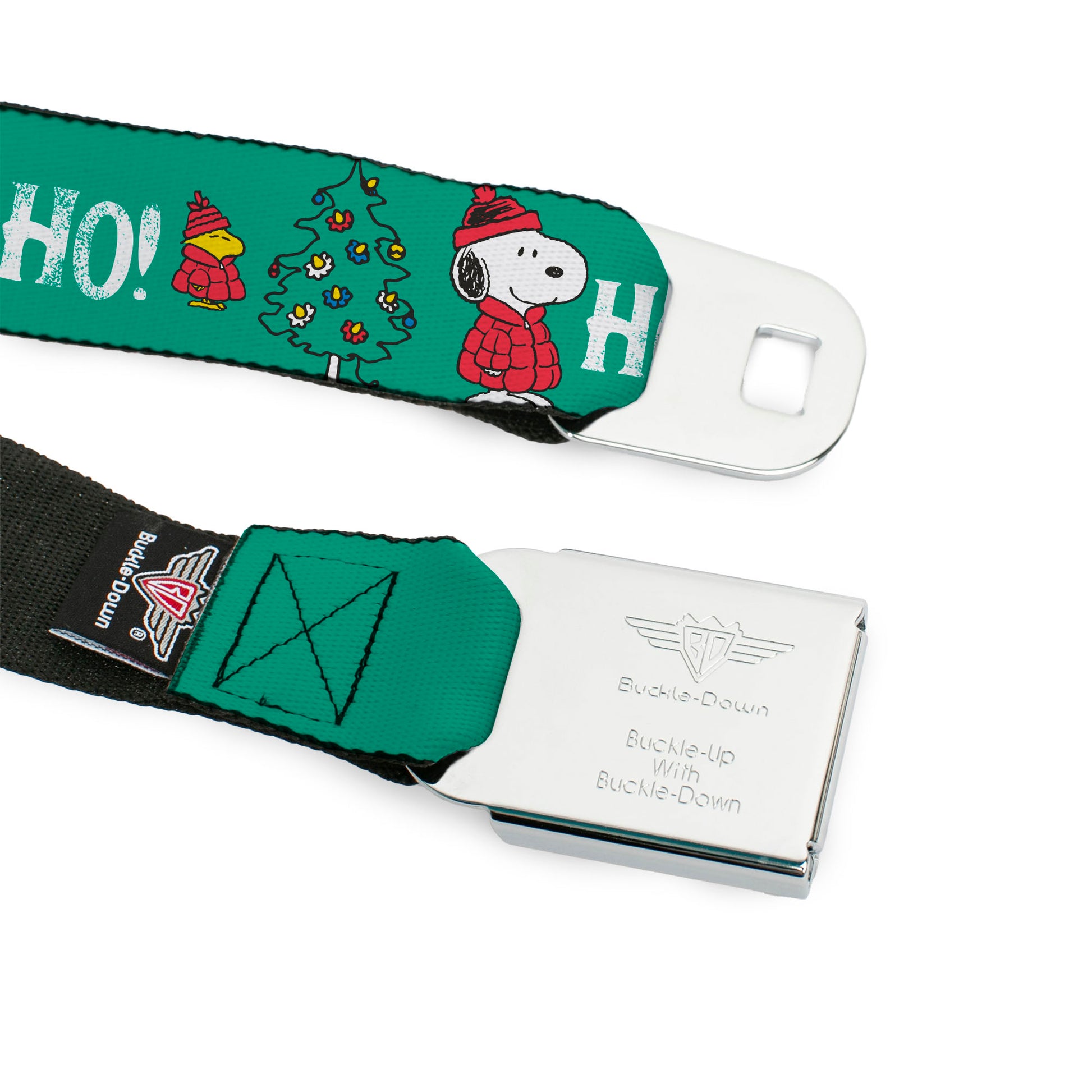 PEANUTS Title Logo Full Color Black/White Seatbelt Belt - Snoopy and Woodstock Holiday Puffer Jacket HO HO HO Pose Green/White Webbing Seatbelt Belts Peanuts