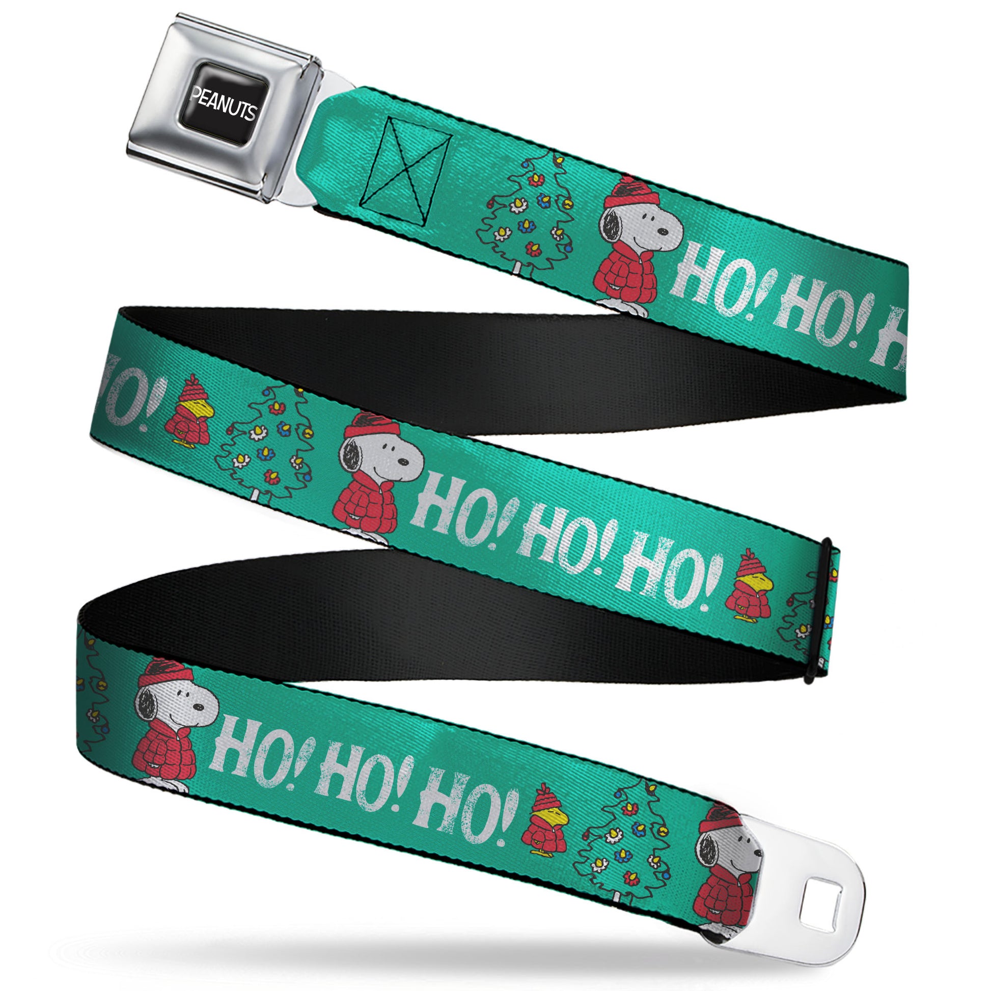 PEANUTS Title Logo Full Color Black/White Seatbelt Belt - Snoopy and Woodstock Holiday Puffer Jacket HO HO HO Pose Green/White Webbing Seatbelt Belts Peanuts