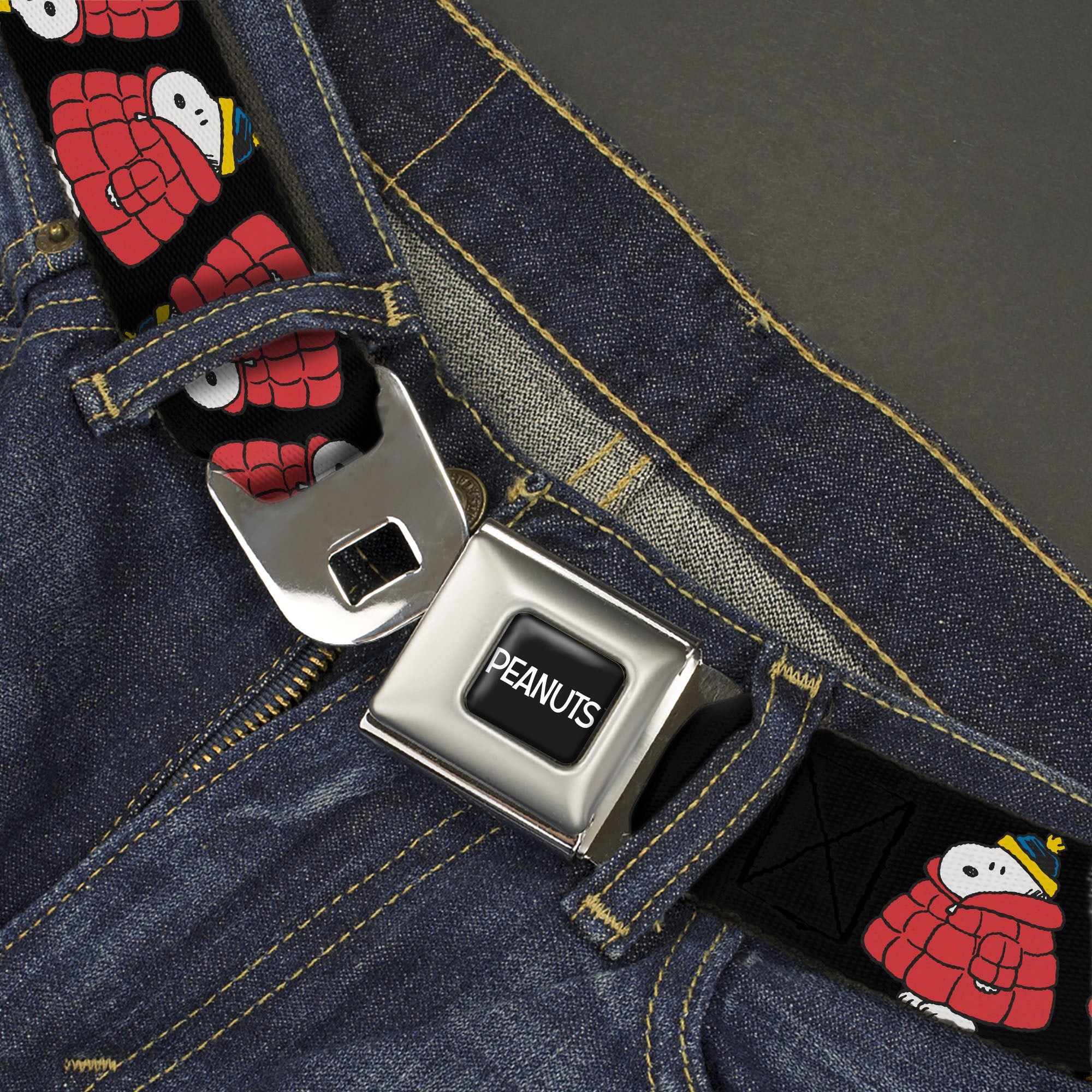 PEANUTS Title Logo Full Color Black/White Seatbelt Belt - Snoopy Holiday Puffer Jacket Pose Flip Black Webbing Seatbelt Belts Peanuts