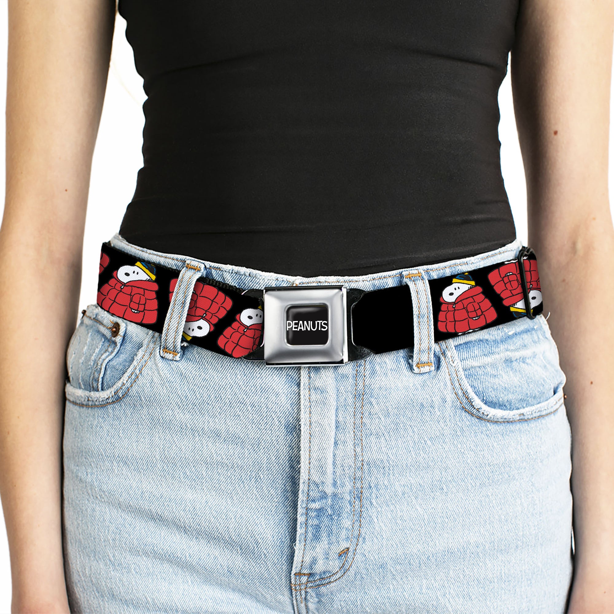 PEANUTS Title Logo Full Color Black/White Seatbelt Belt - Snoopy Holiday Puffer Jacket Pose Flip Black Webbing Seatbelt Belts Peanuts