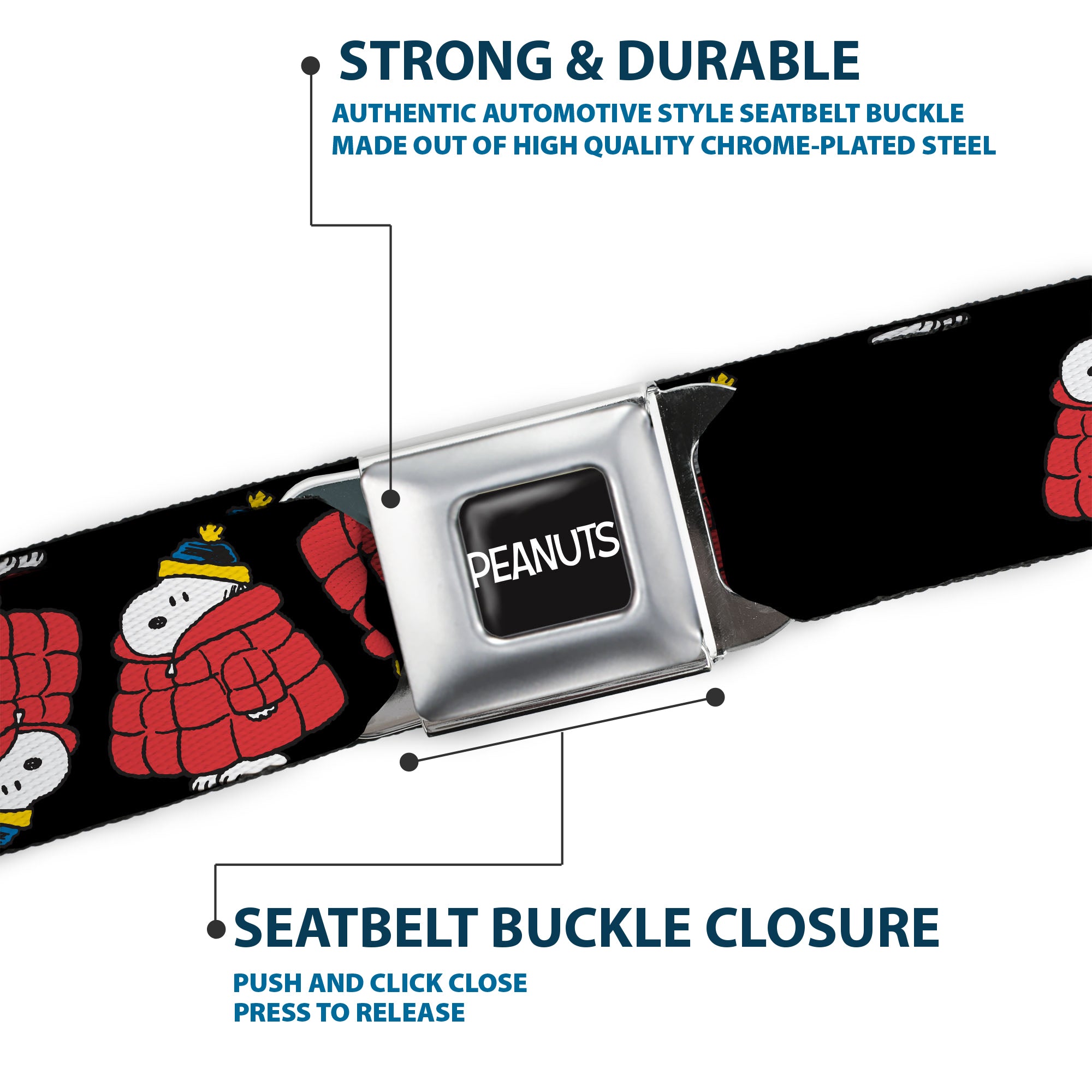 PEANUTS Title Logo Full Color Black/White Seatbelt Belt - Snoopy Holiday Puffer Jacket Pose Flip Black Webbing Seatbelt Belts Peanuts