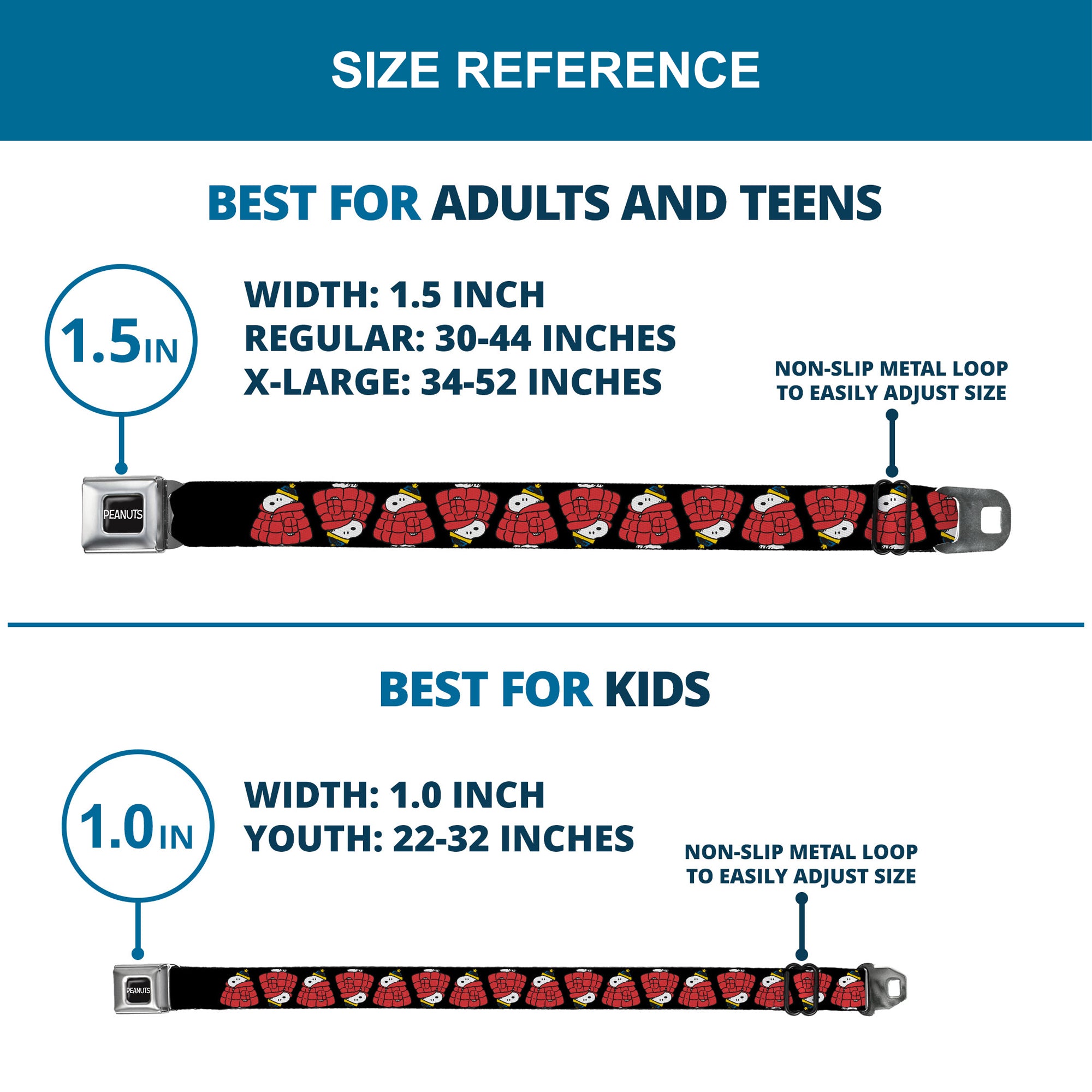 PEANUTS Title Logo Full Color Black/White Seatbelt Belt - Snoopy Holiday Puffer Jacket Pose Flip Black Webbing Seatbelt Belts Peanuts