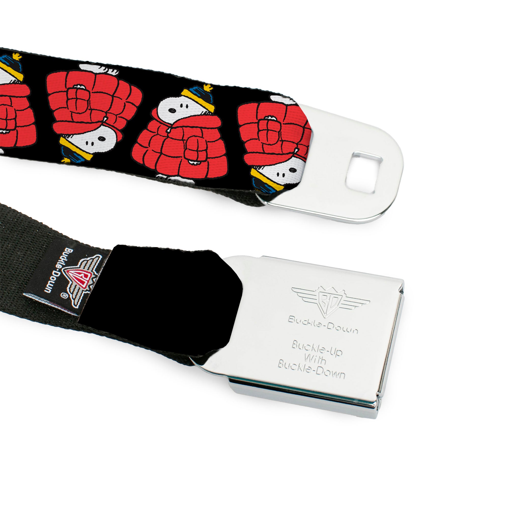 PEANUTS Title Logo Full Color Black/White Seatbelt Belt - Snoopy Holiday Puffer Jacket Pose Flip Black Webbing Seatbelt Belts Peanuts