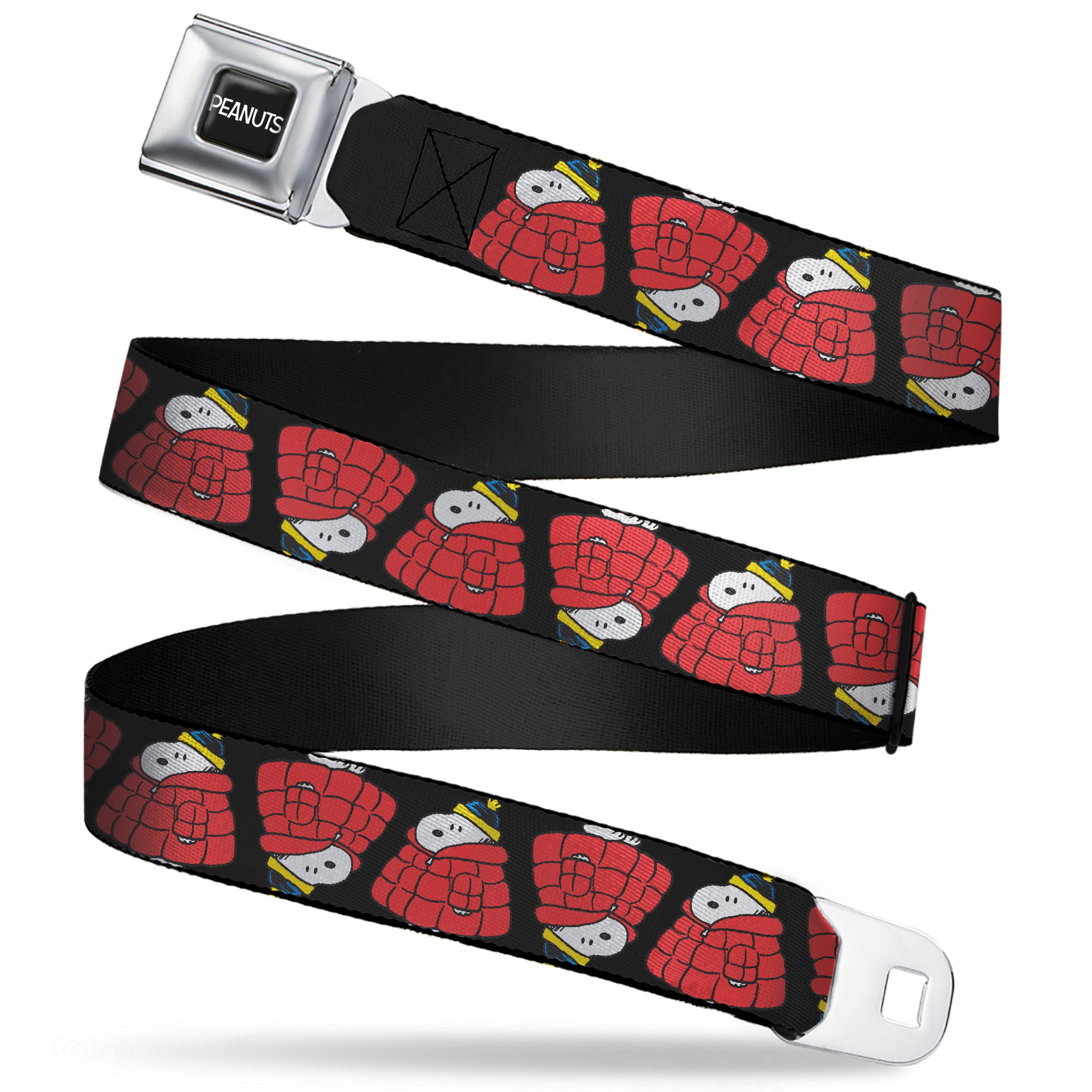PEANUTS Title Logo Full Color Black/White Seatbelt Belt - Snoopy Holiday Puffer Jacket Pose Flip Black Webbing Seatbelt Belts Peanuts