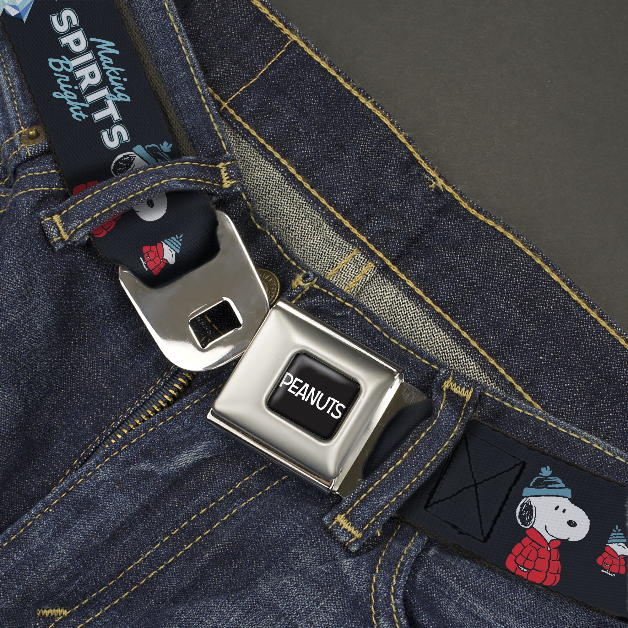 PEANUTS Title Logo Full Color Black/White Seatbelt Belt - Peanuts Snoopy and Woodstock Puffy Jacket MAKING SPIRITS BRIGHT Pose Black Webbing Seatbelt Belts Peanuts