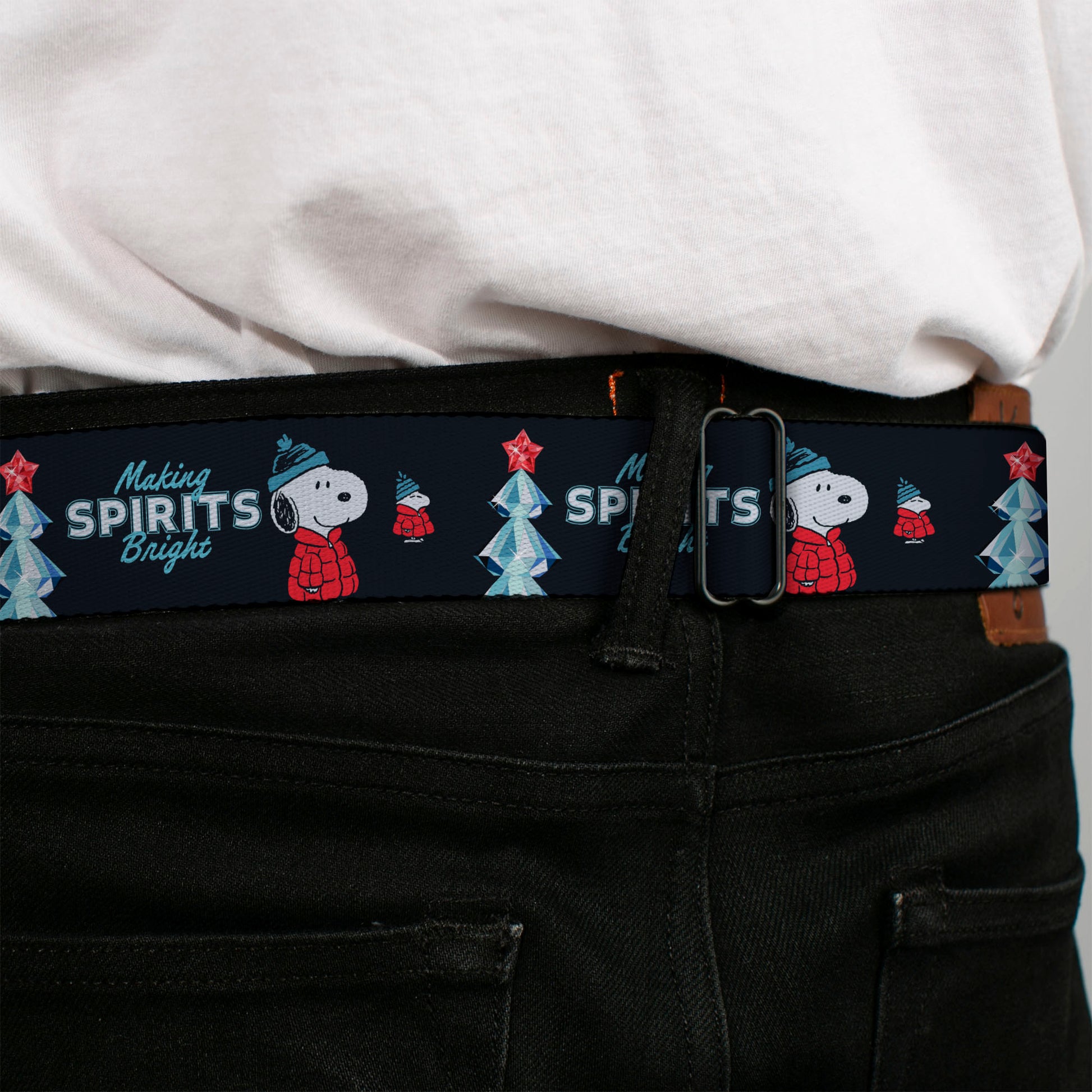 PEANUTS Title Logo Full Color Black/White Seatbelt Belt - Peanuts Snoopy and Woodstock Puffy Jacket MAKING SPIRITS BRIGHT Pose Black Webbing Seatbelt Belts Peanuts