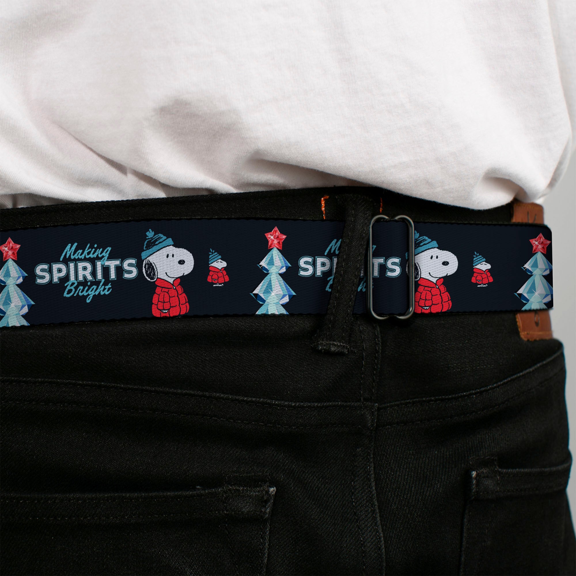 PEANUTS Title Logo Full Color Black/White Seatbelt Belt - Peanuts Snoopy and Woodstock Puffy Jacket MAKING SPIRITS BRIGHT Pose Black Webbing Seatbelt Belts Peanuts
