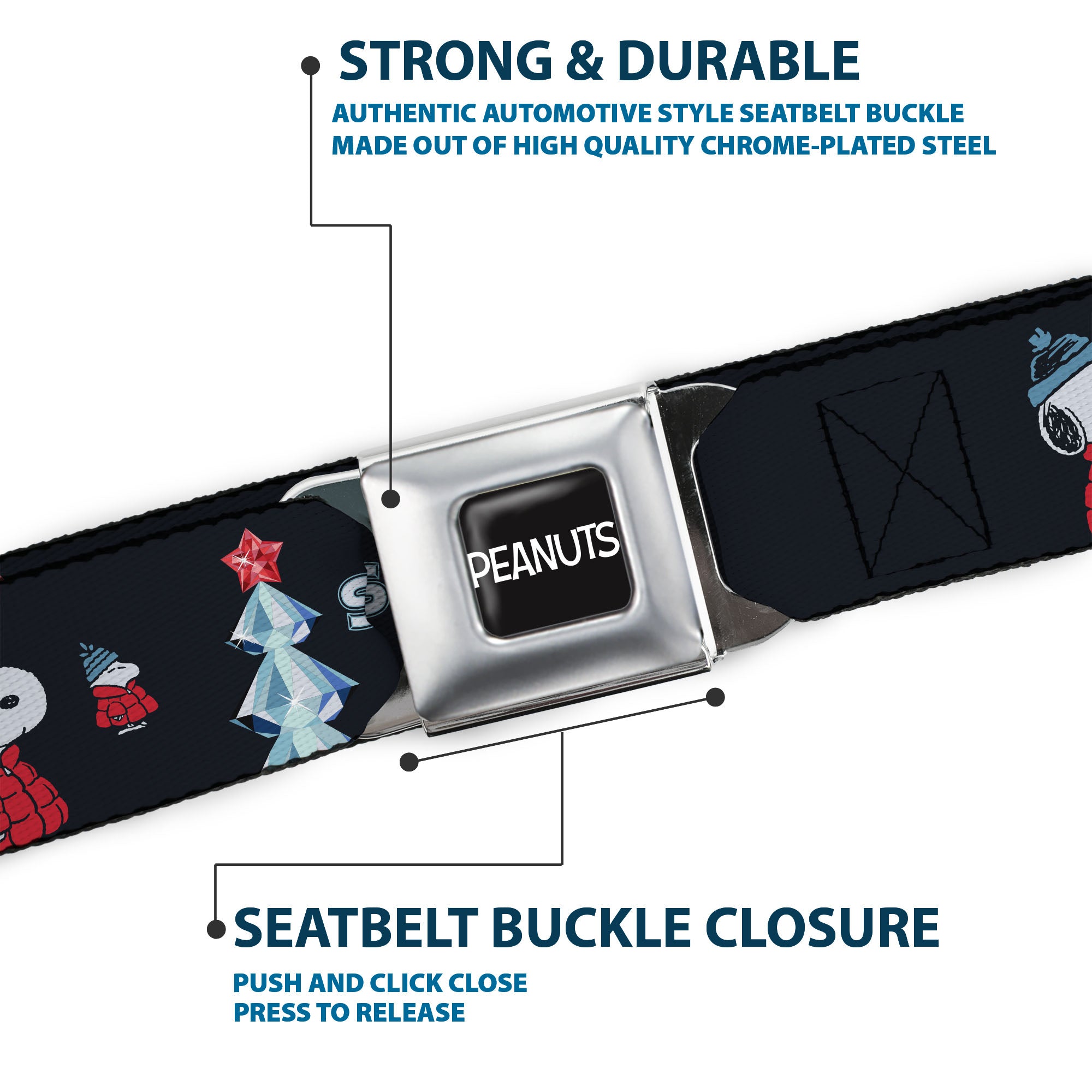 PEANUTS Title Logo Full Color Black/White Seatbelt Belt - Peanuts Snoopy and Woodstock Puffy Jacket MAKING SPIRITS BRIGHT Pose Black Webbing Seatbelt Belts Peanuts