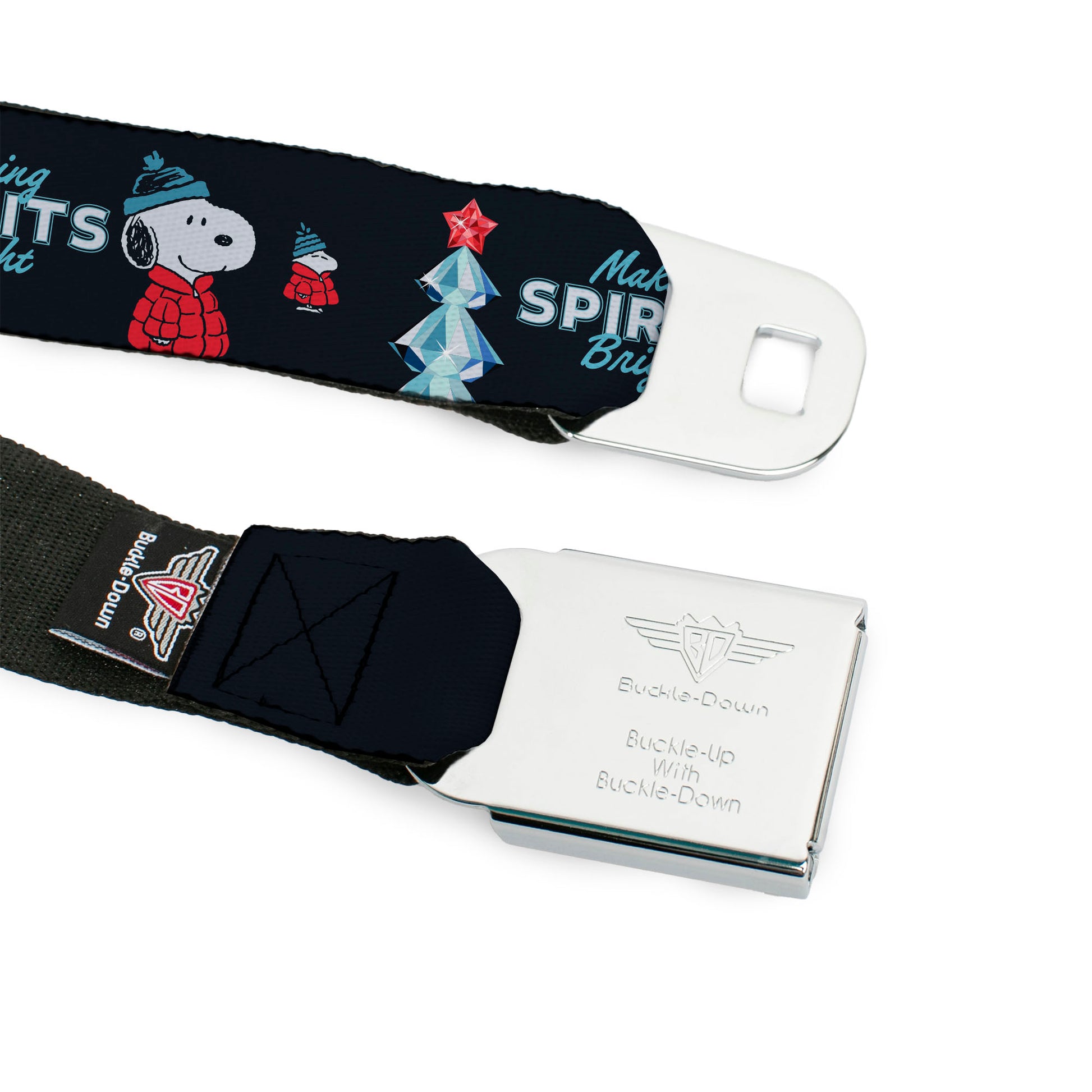 PEANUTS Title Logo Full Color Black/White Seatbelt Belt - Peanuts Snoopy and Woodstock Puffy Jacket MAKING SPIRITS BRIGHT Pose Black Webbing Seatbelt Belts Peanuts