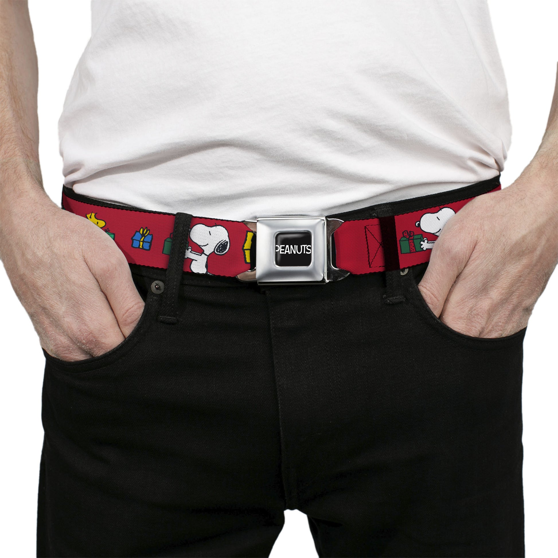 PEANUTS Title Logo Full Color Black/White Seatbelt Belt - Snoopy and Woodstock Holiday Gift Exchange Pose Red Webbing Seatbelt Belts Peanuts