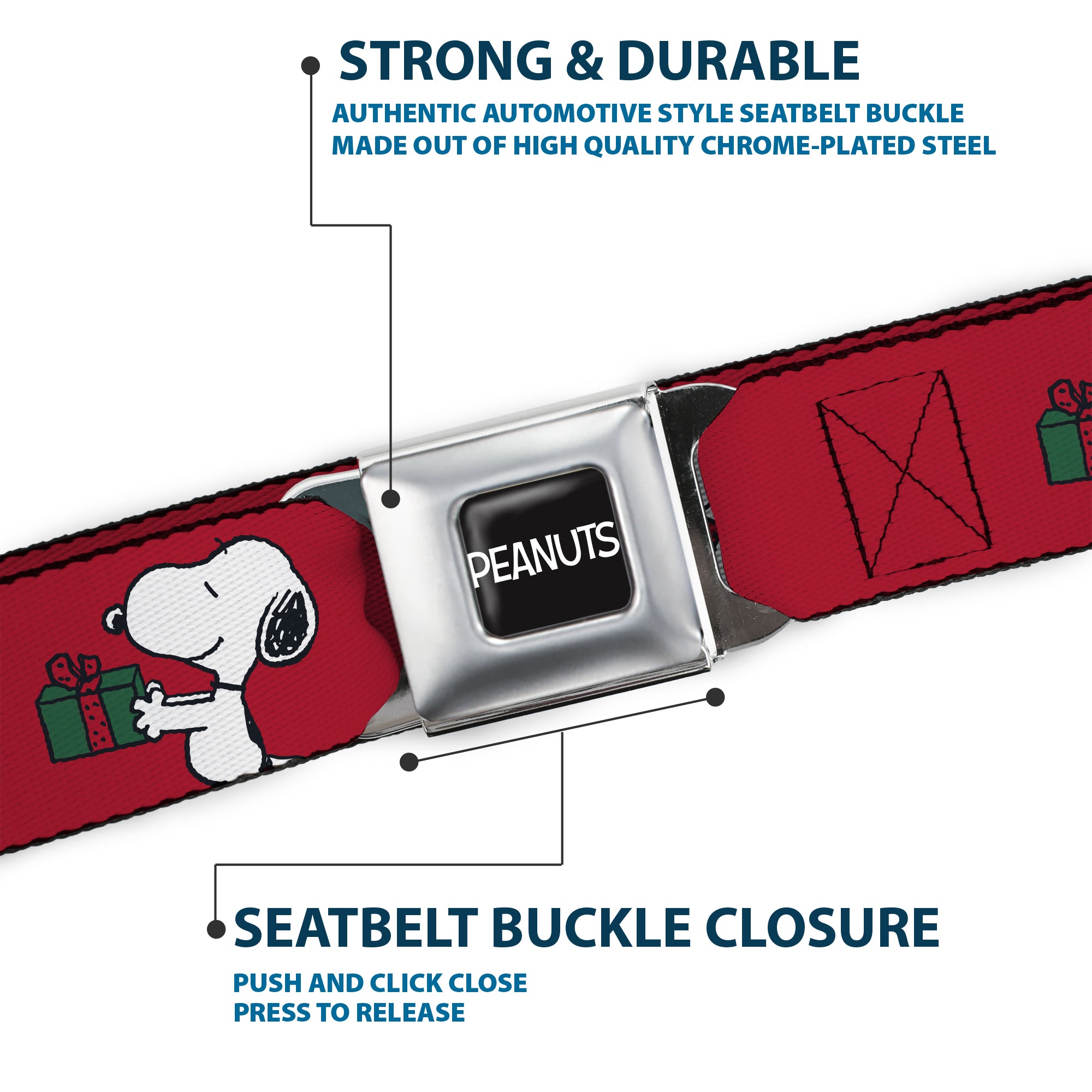 PEANUTS Title Logo Full Color Black/White Seatbelt Belt - Snoopy and Woodstock Holiday Gift Exchange Pose Red Webbing Seatbelt Belts Peanuts