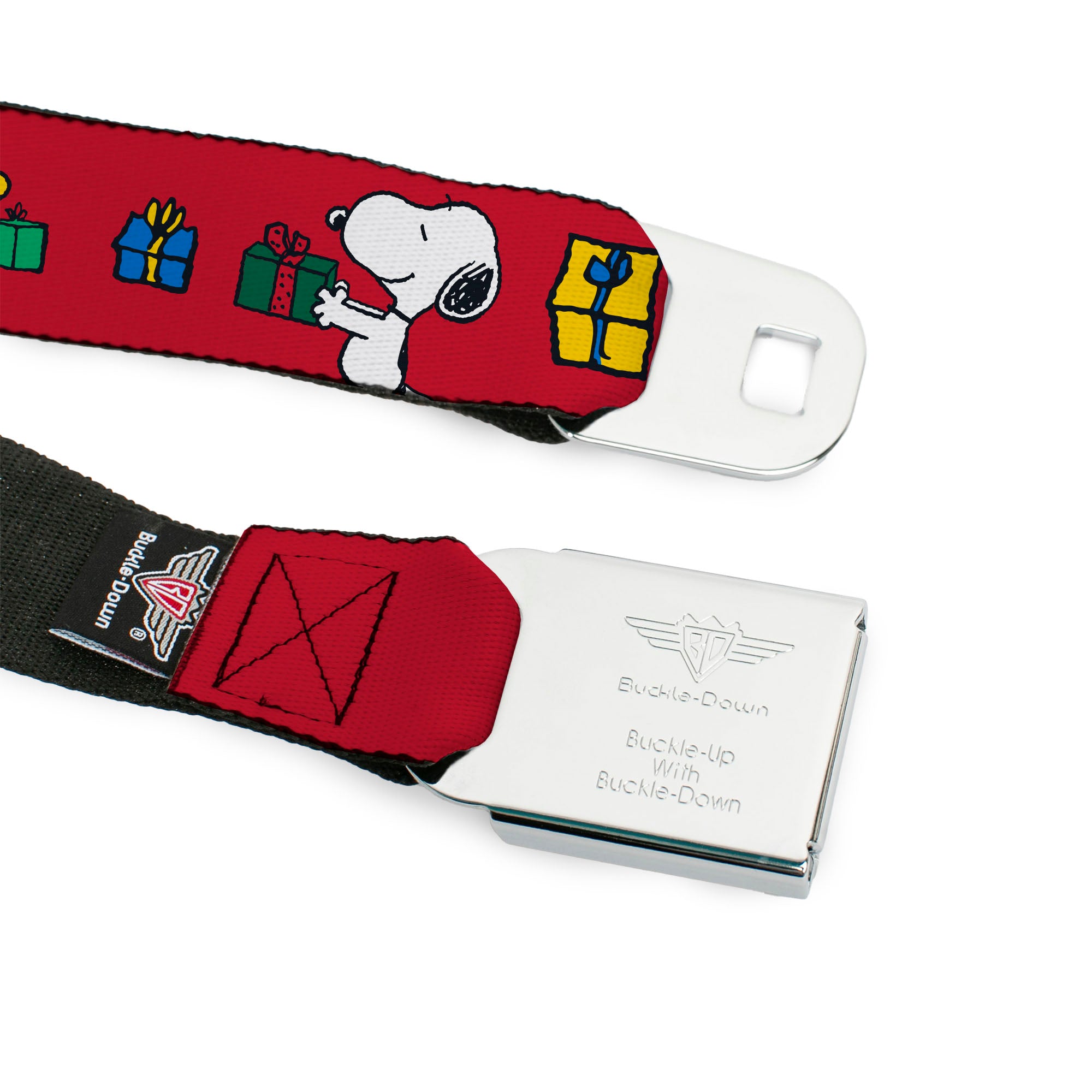 PEANUTS Title Logo Full Color Black/White Seatbelt Belt - Snoopy and Woodstock Holiday Gift Exchange Pose Red Webbing Seatbelt Belts Peanuts