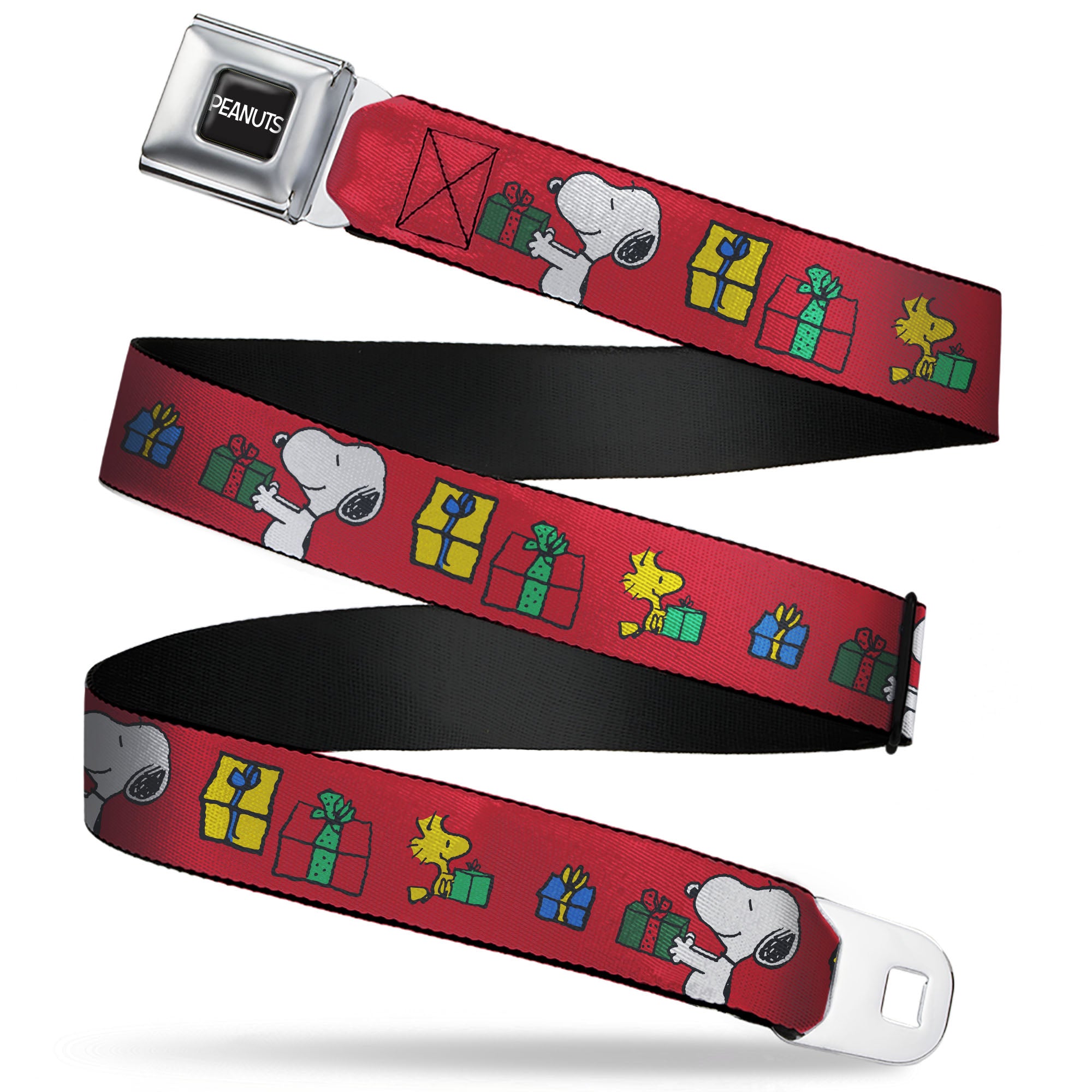 PEANUTS Title Logo Full Color Black/White Seatbelt Belt - Snoopy and Woodstock Holiday Gift Exchange Pose Red Webbing Seatbelt Belts Peanuts