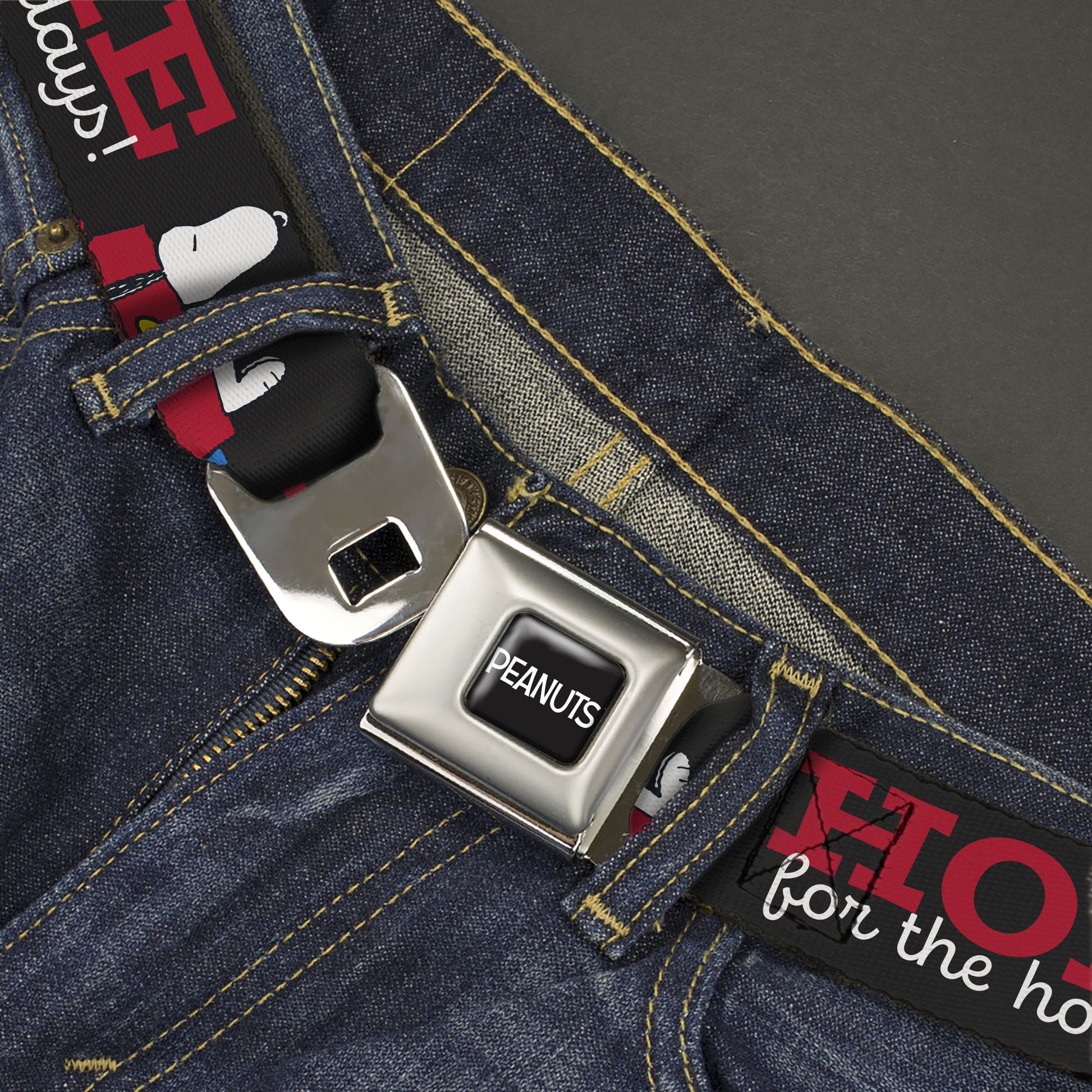 PEANUTS Title Logo Full Color Black/White Seatbelt Belt - Peanuts Snoopy HOME FOR THE HOLIDAYS Dog House Pose Black/Red/White Webbing Seatbelt Belts Peanuts