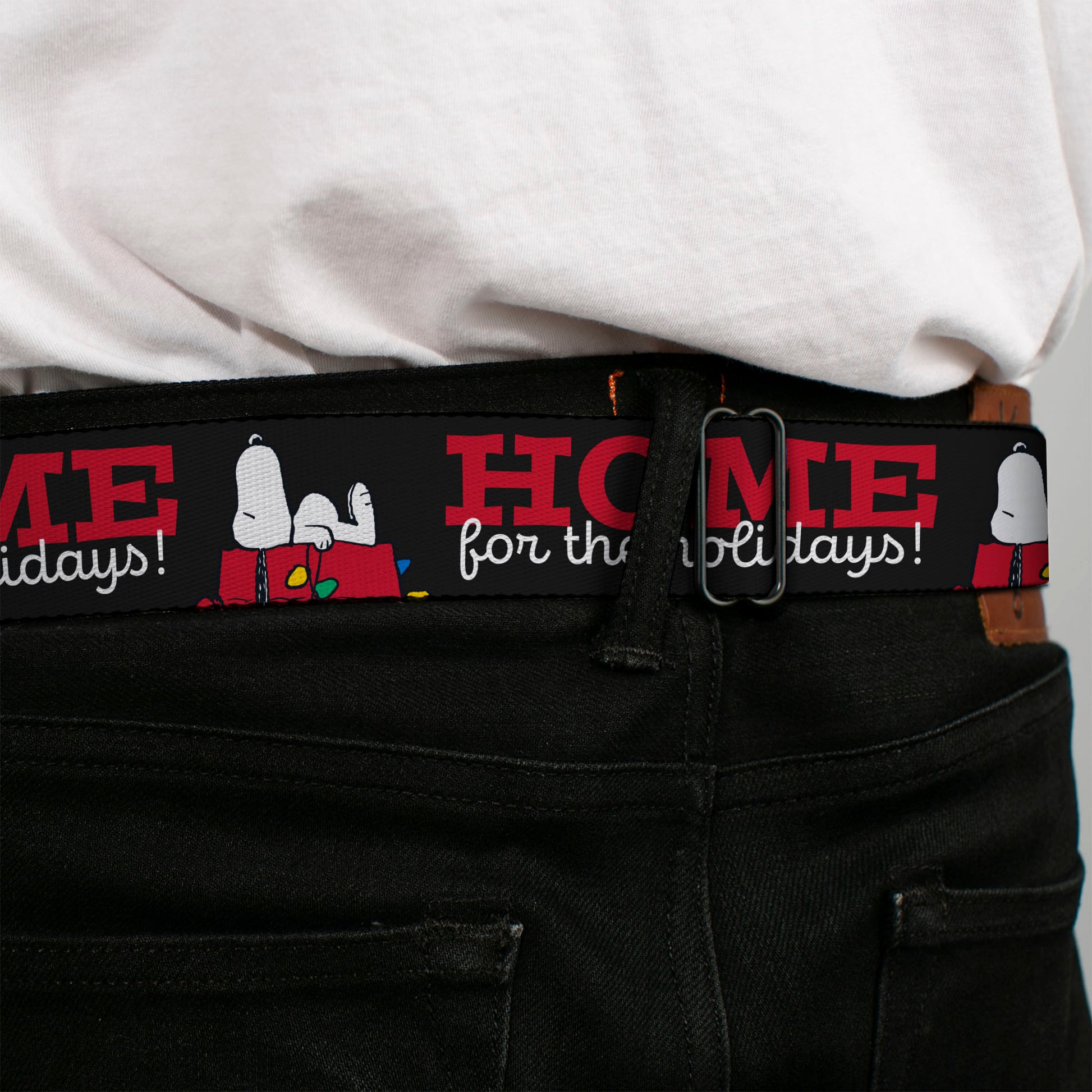 PEANUTS Title Logo Full Color Black/White Seatbelt Belt - Peanuts Snoopy HOME FOR THE HOLIDAYS Dog House Pose Black/Red/White Webbing Seatbelt Belts Peanuts