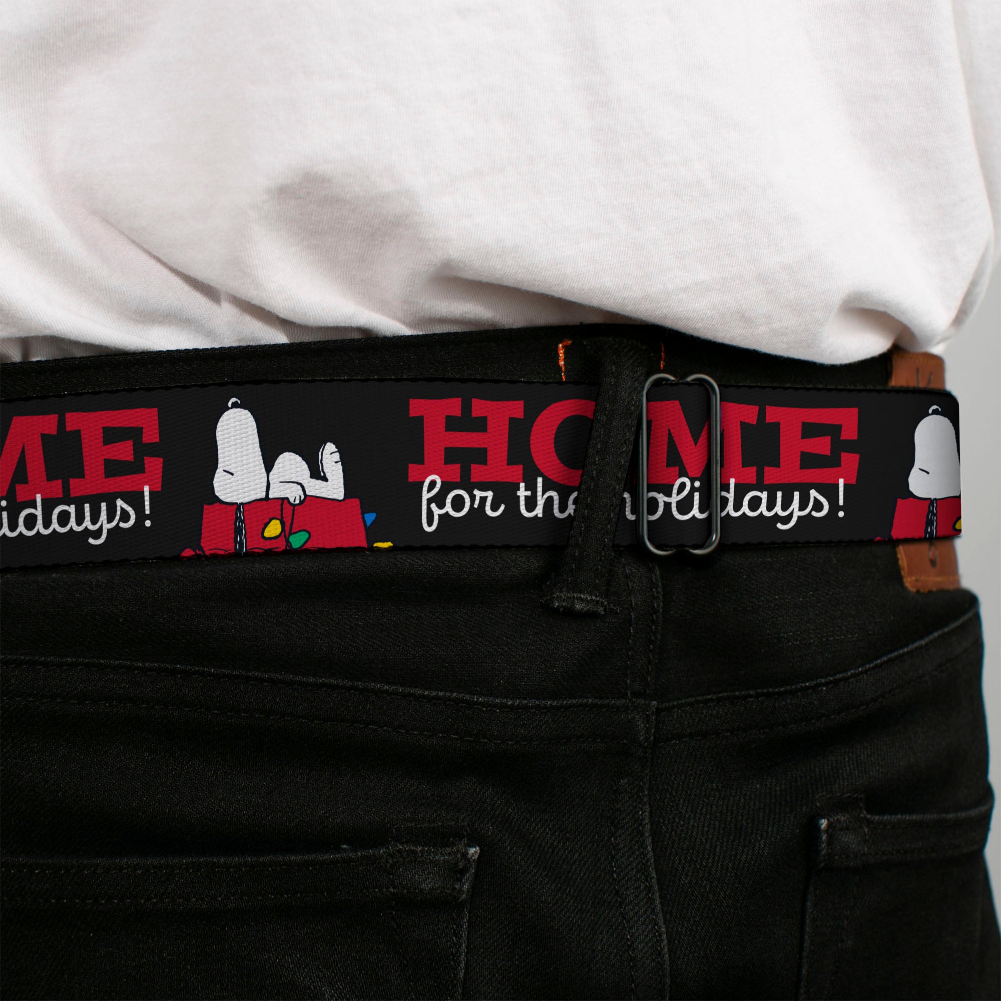 PEANUTS Title Logo Full Color Black/White Seatbelt Belt - Peanuts Snoopy HOME FOR THE HOLIDAYS Dog House Pose Black/Red/White Webbing Seatbelt Belts Peanuts