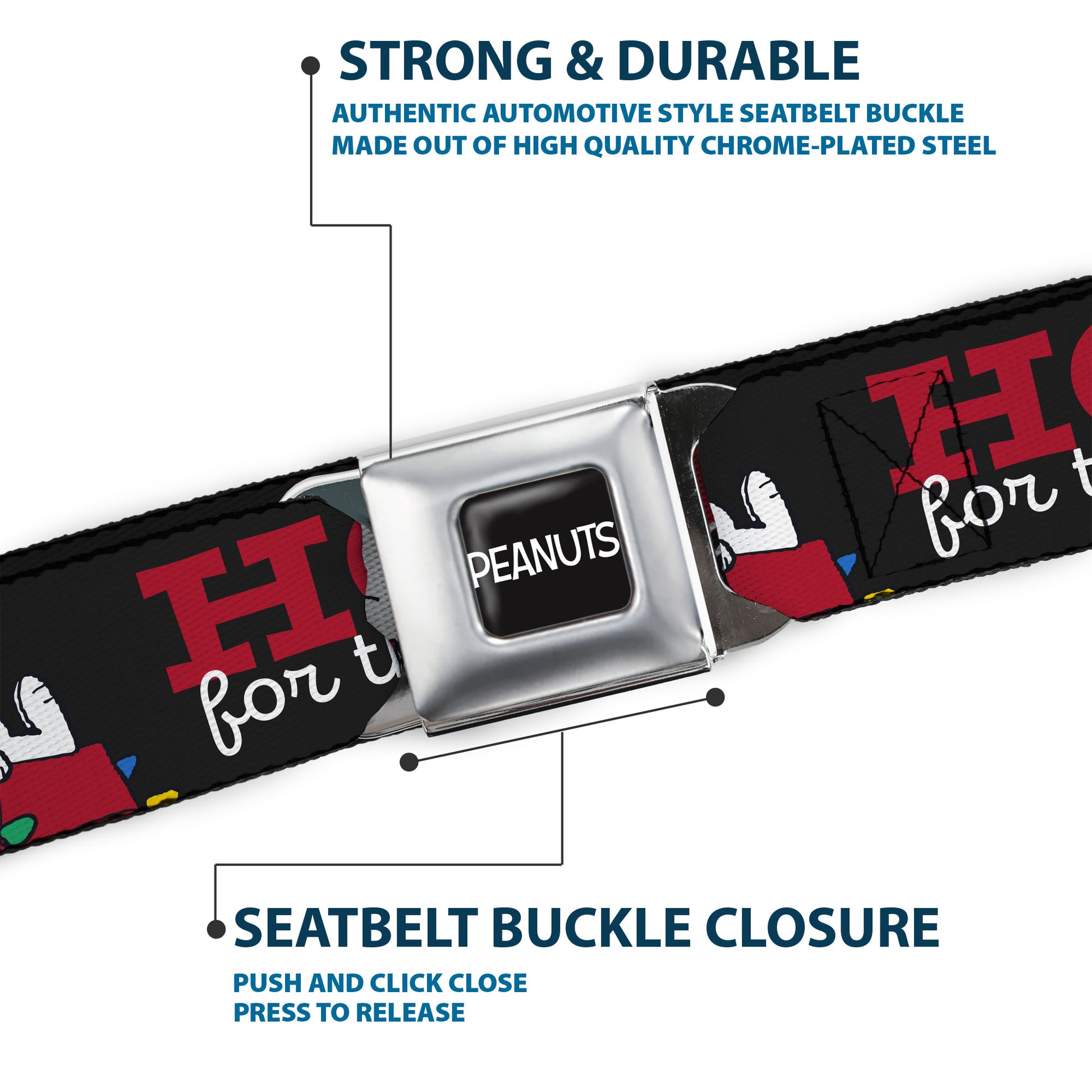 PEANUTS Title Logo Full Color Black/White Seatbelt Belt - Peanuts Snoopy HOME FOR THE HOLIDAYS Dog House Pose Black/Red/White Webbing Seatbelt Belts Peanuts
