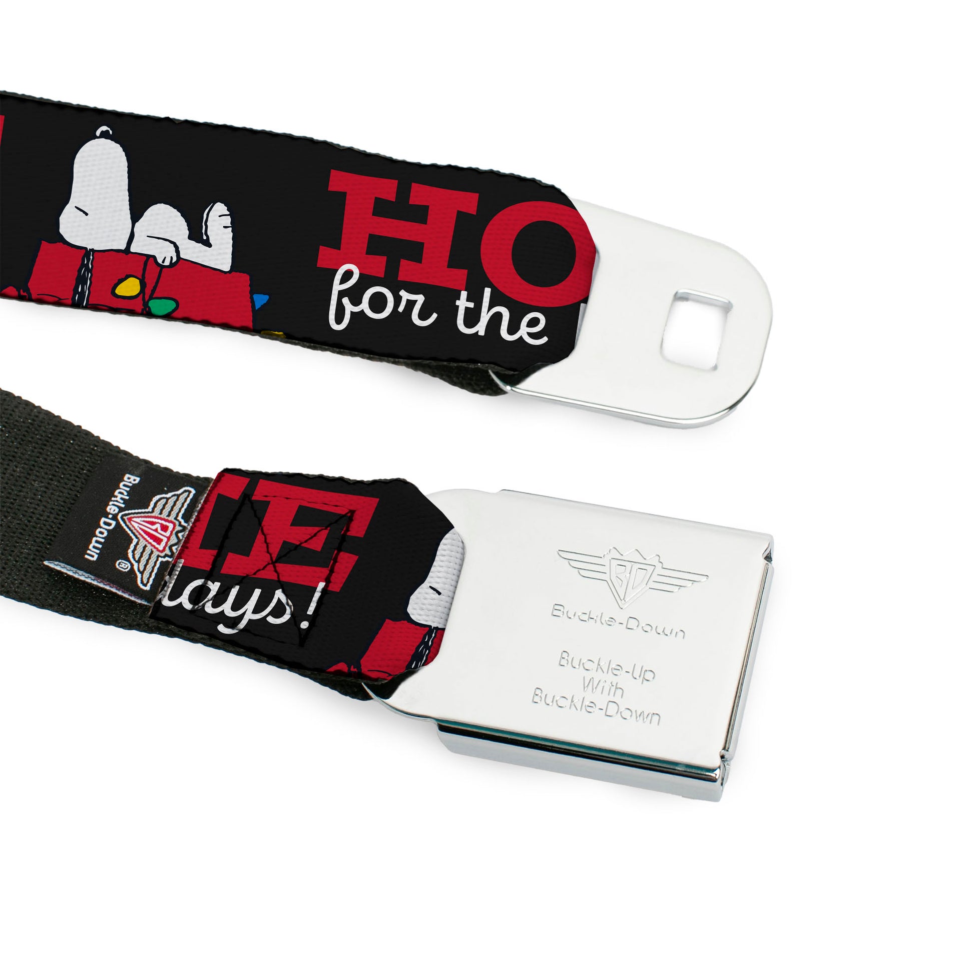 PEANUTS Title Logo Full Color Black/White Seatbelt Belt - Peanuts Snoopy HOME FOR THE HOLIDAYS Dog House Pose Black/Red/White Webbing Seatbelt Belts Peanuts