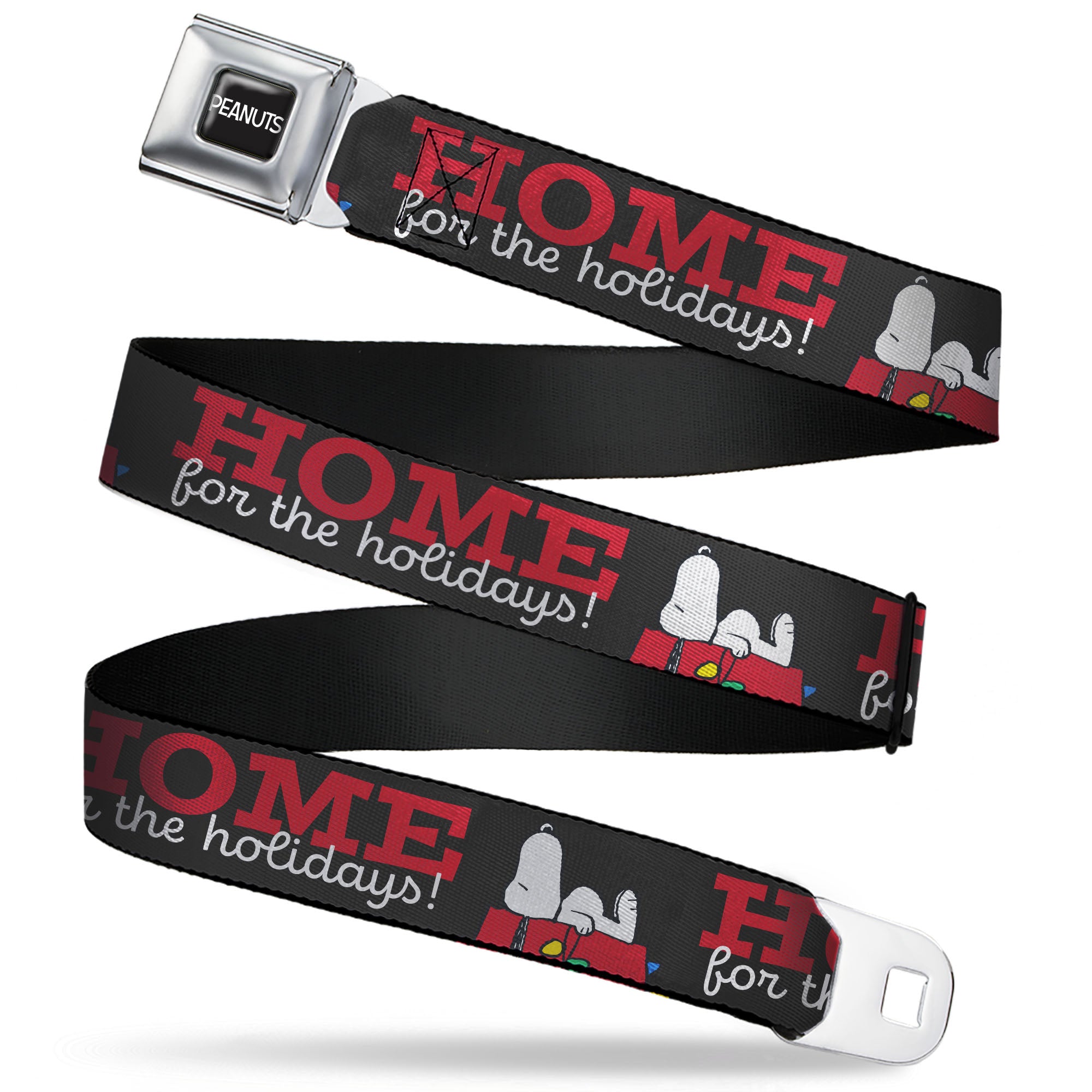 PEANUTS Title Logo Full Color Black/White Seatbelt Belt - Peanuts Snoopy HOME FOR THE HOLIDAYS Dog House Pose Black/Red/White Webbing Seatbelt Belts Peanuts