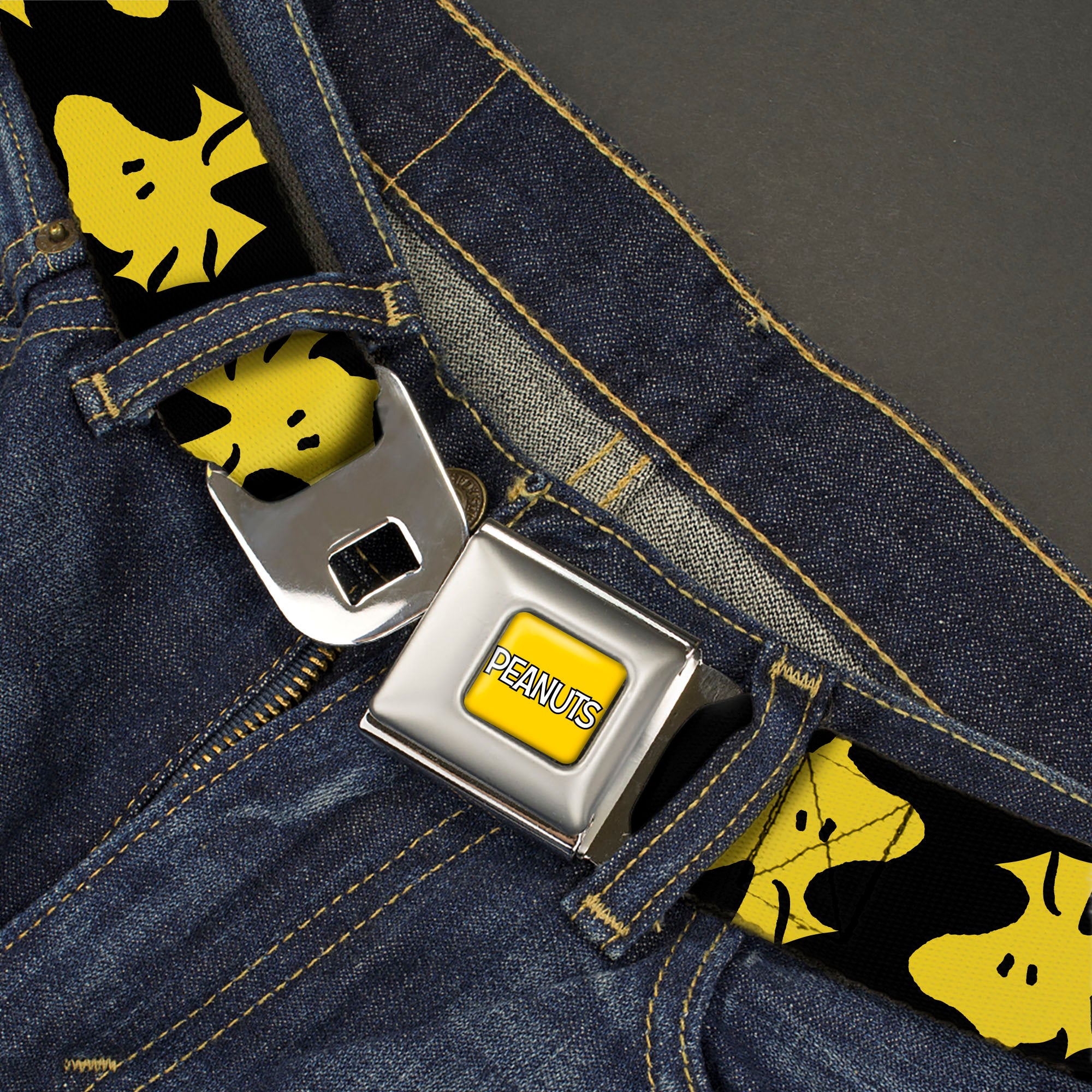 PEANUTS Title Logo Full Color Yellow/White Seatbelt Belt - Peanuts Woodstock Face Flip Black/Yellow Webbing Seatbelt Belts Peanuts